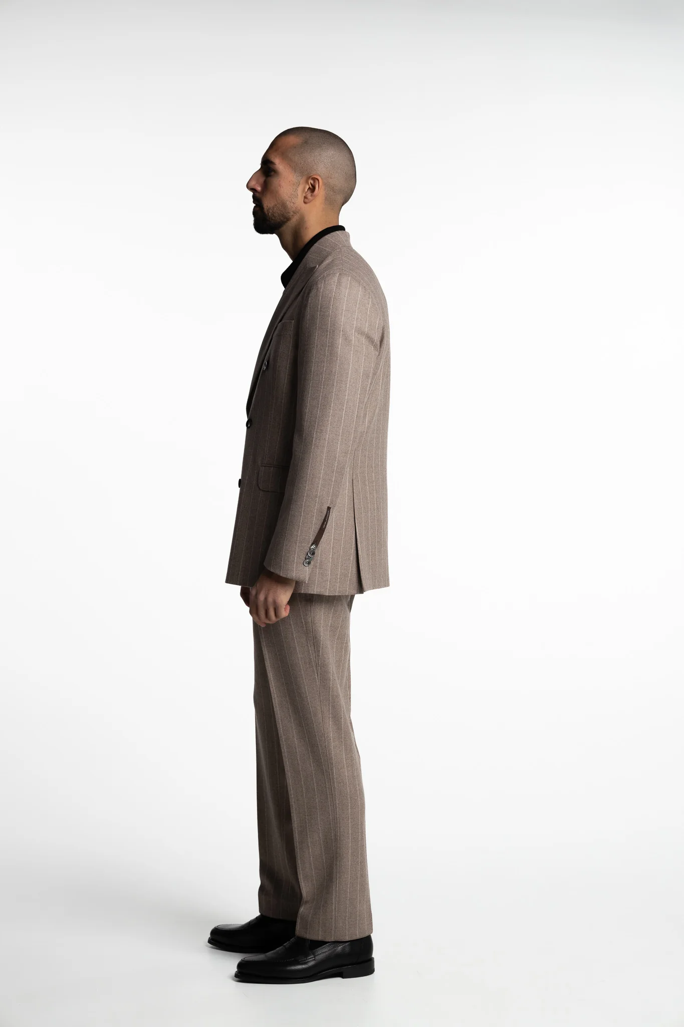 Farris Double Breasted Wool Blazer Sand Beige Pinstripe - Image 2