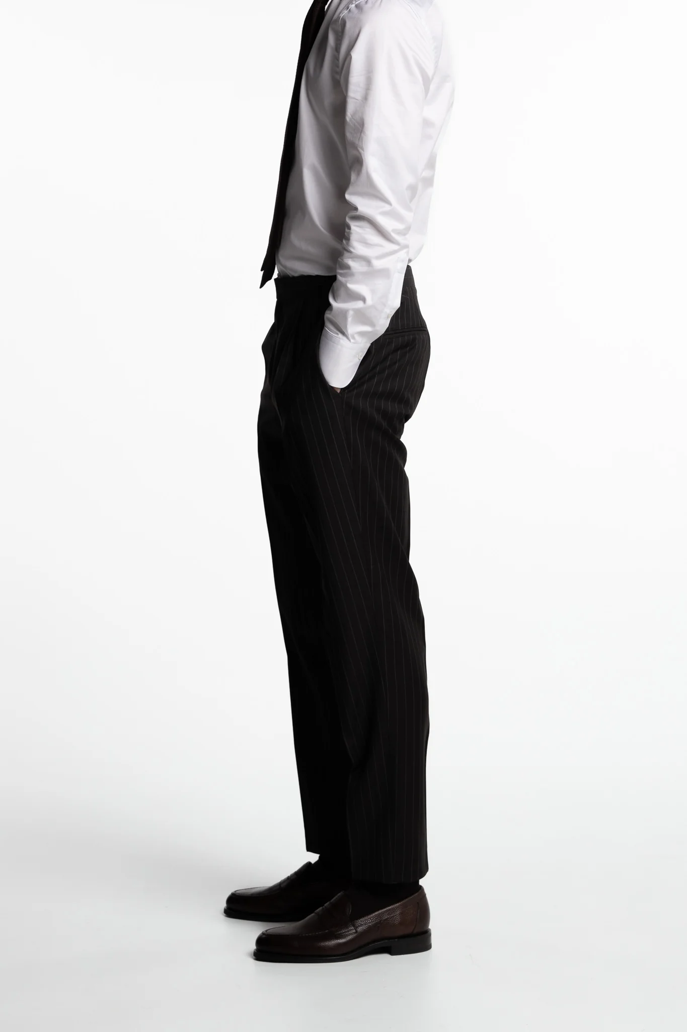 Prato Pleated Wool Trousers Dark Brown Pinstripe - Image 2