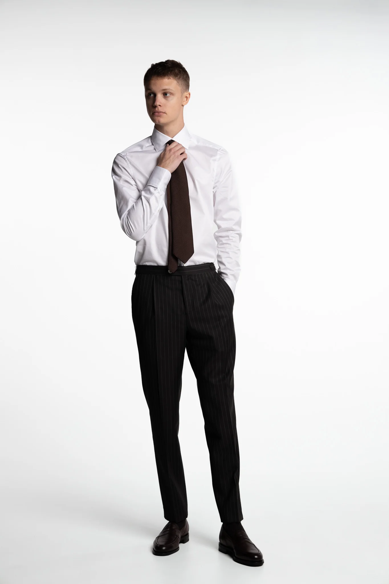 Prato Pleated Wool Trousers Dark Brown Pinstripe - Image 4