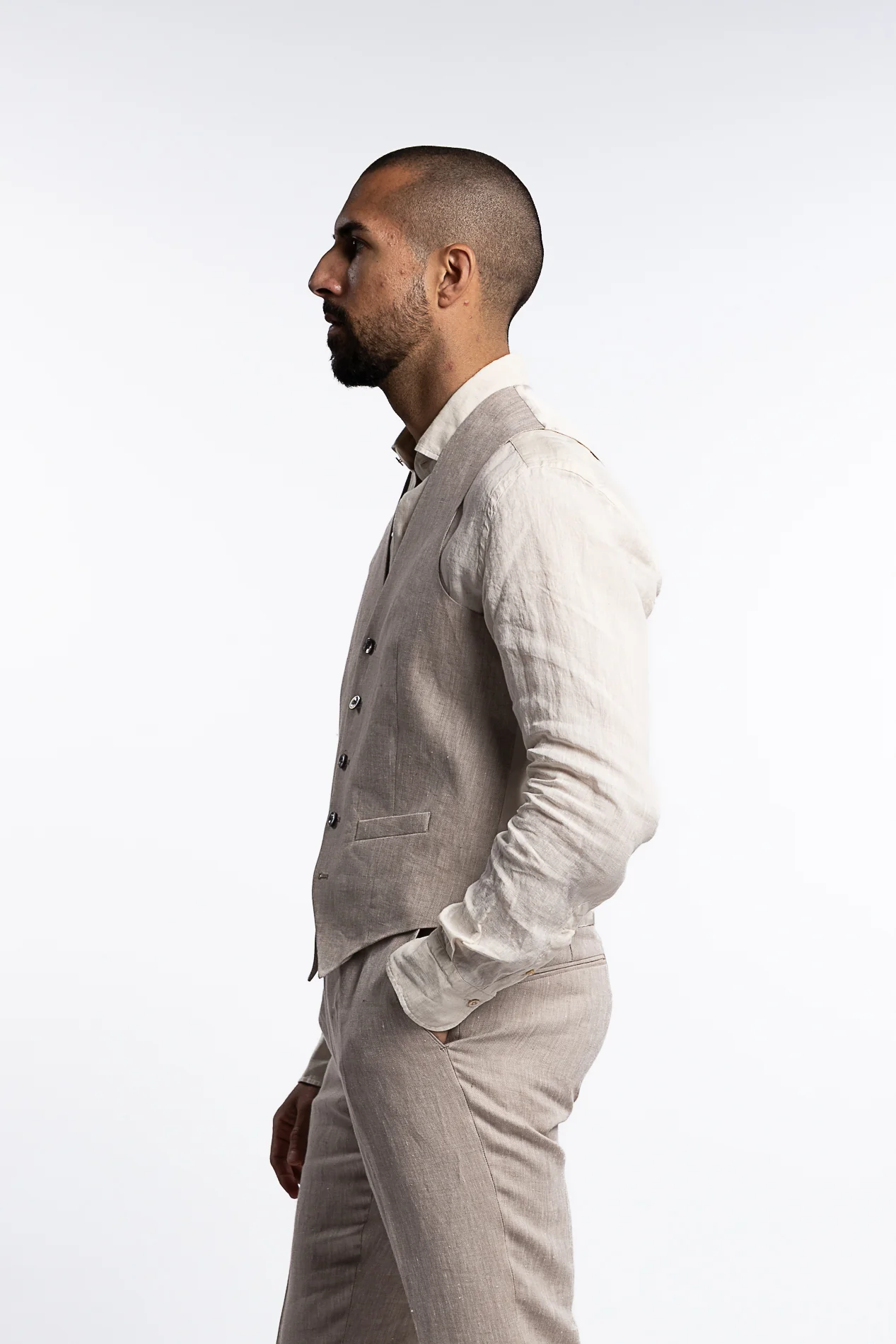 Carlo Regular Fit Linen Waistcoat Trench Beige - Image 2