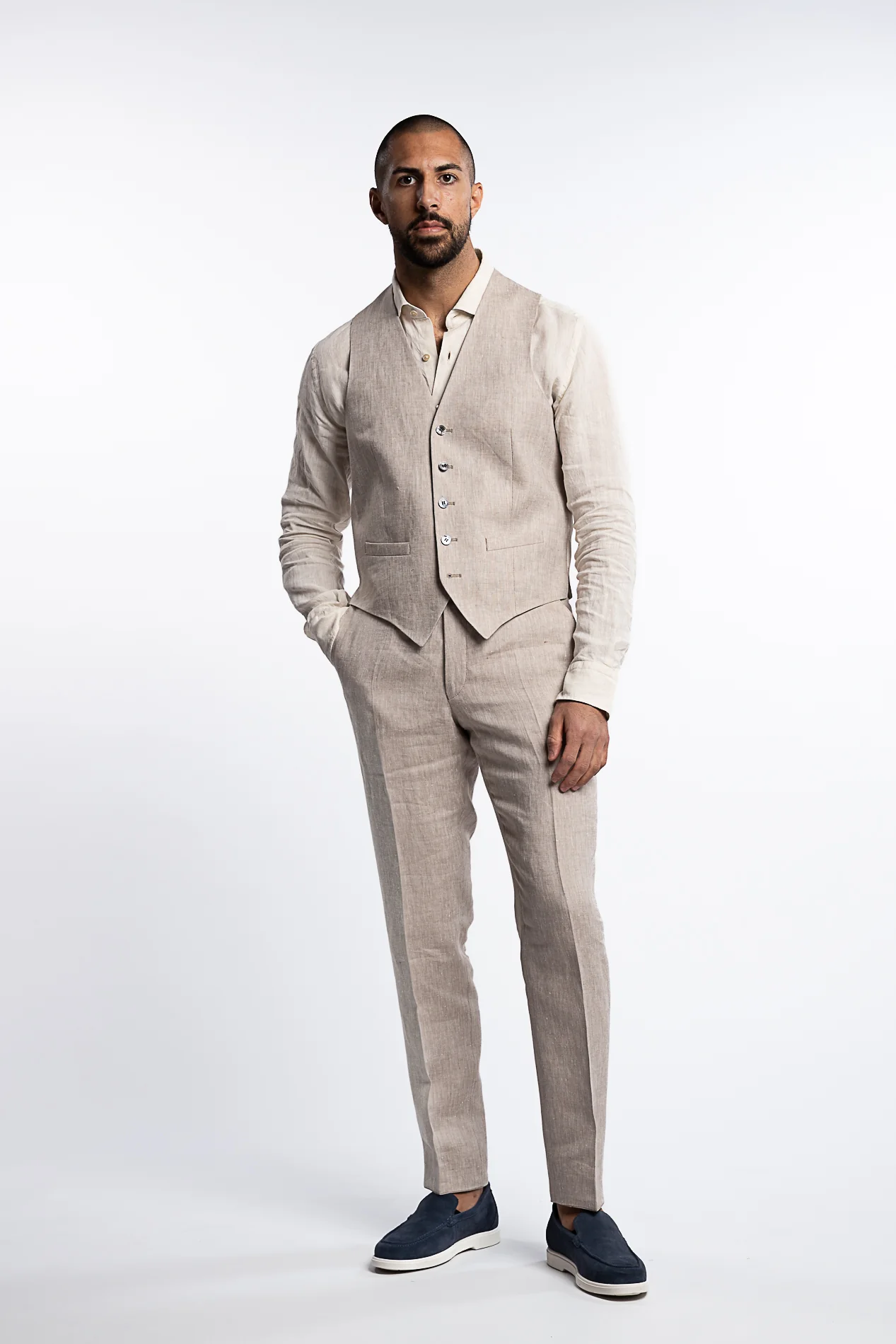 Carlo Regular Fit Linen Waistcoat Trench Beige - Image 4