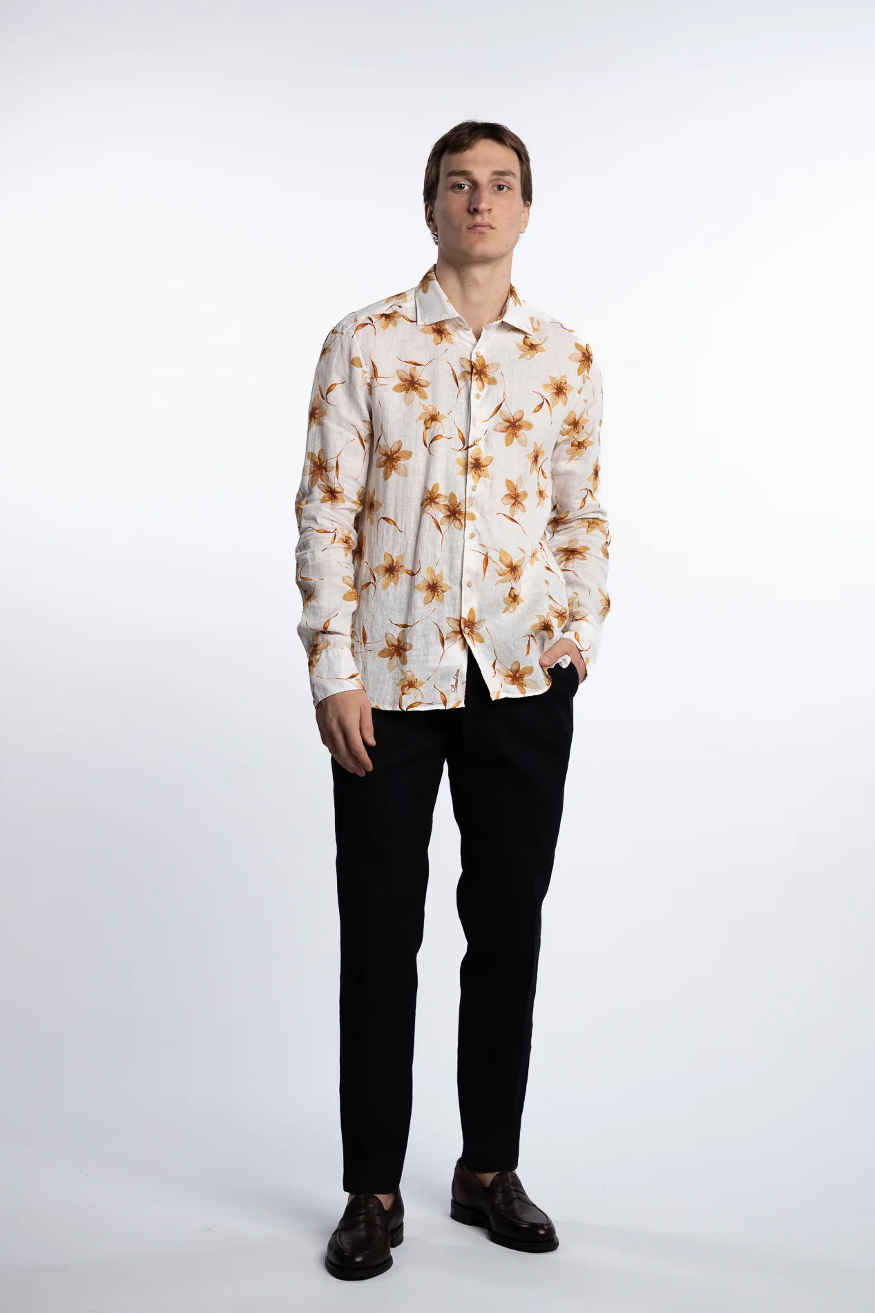 Slimline Casual Shirt Light Brown Flower - Image 2