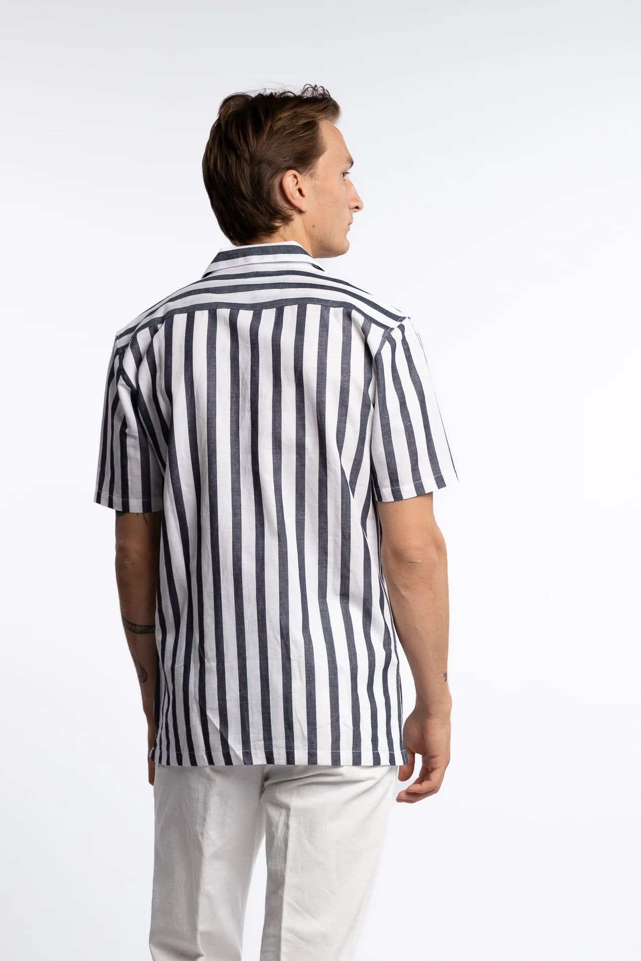 Cotton/Linen Striped Resort S/S Shirt Navy - Image 3