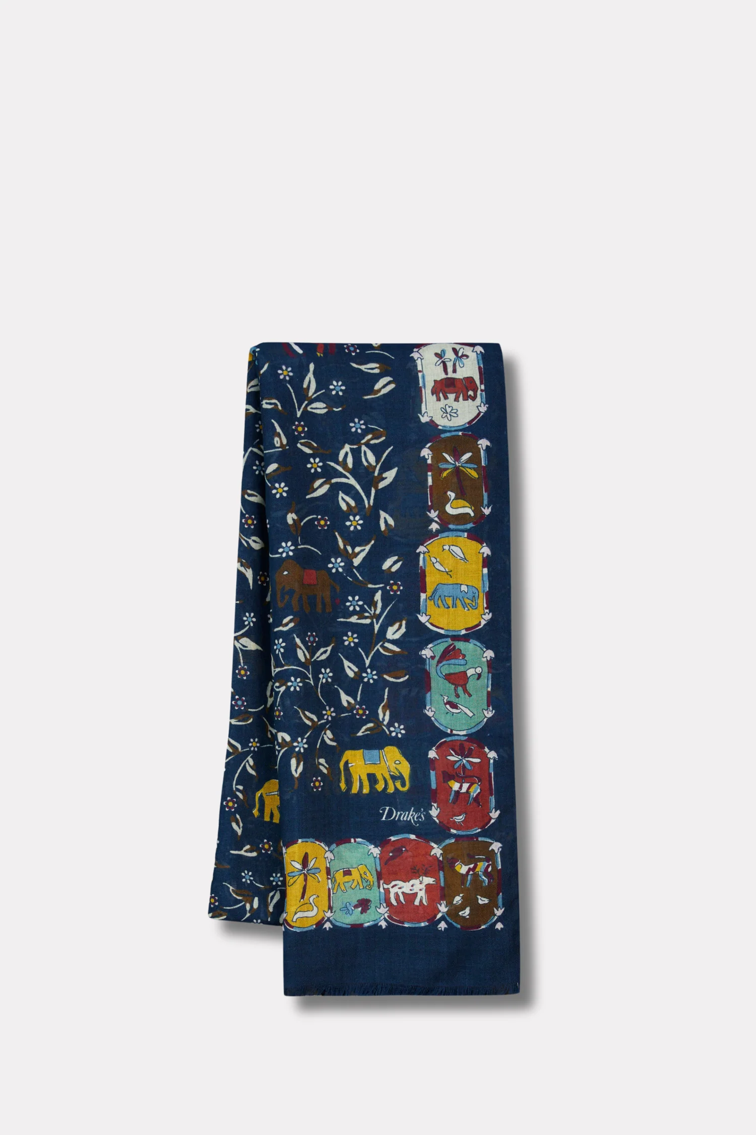 Elephants & Flowers Wool-Silk Scarf Navy - Image 3