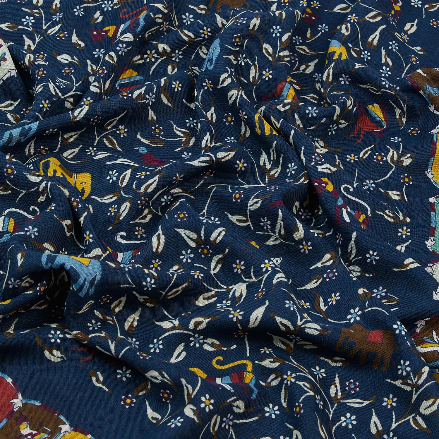 Elephants & Flowers Wool-Silk Scarf Navy - Image 4