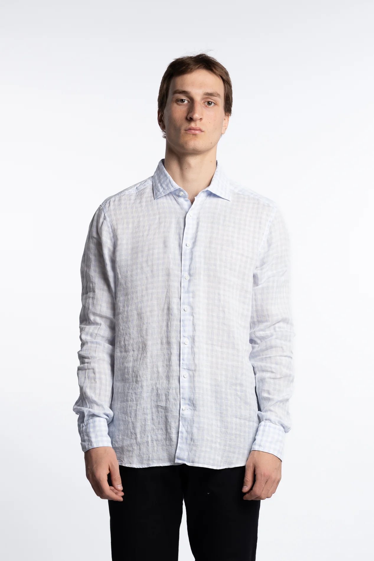 Slimline Linen Shirt Light Blue Check - Image 3