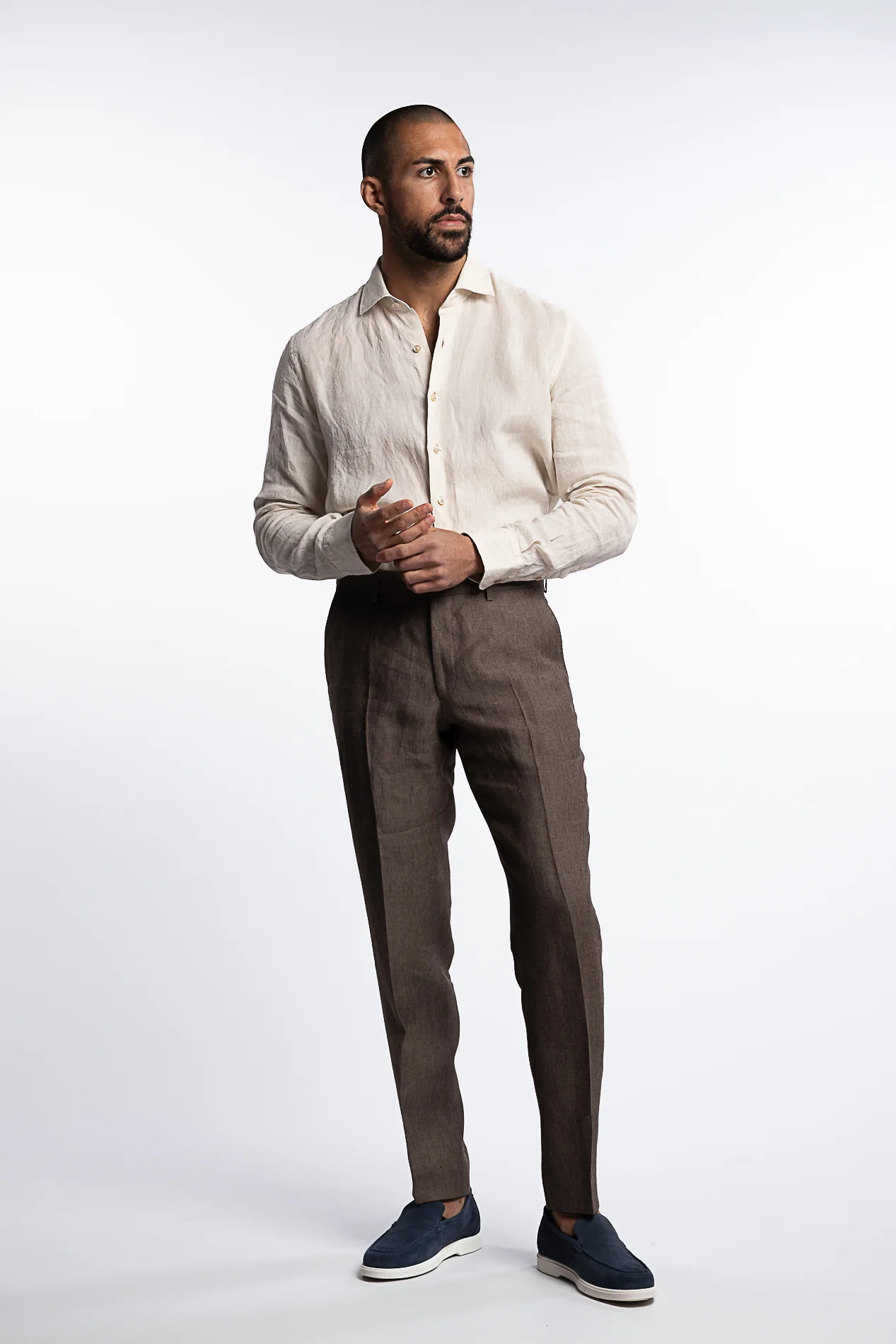 Denz Slim Fit Linen Trousers Dusk Brown - Image 4