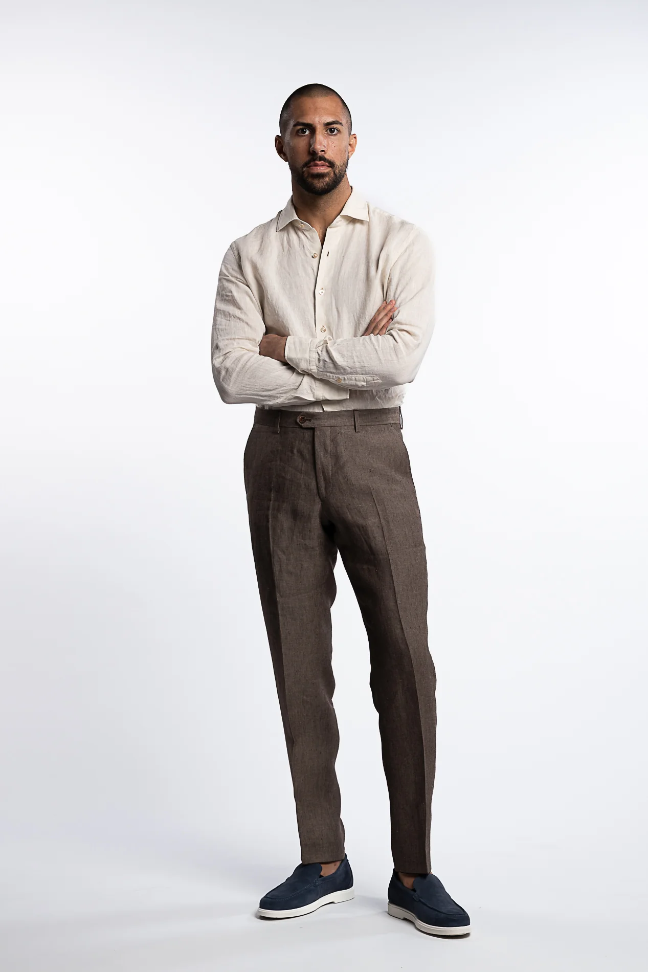 Denz Slim Fit Linen Trousers Dusk Brown - Image 5