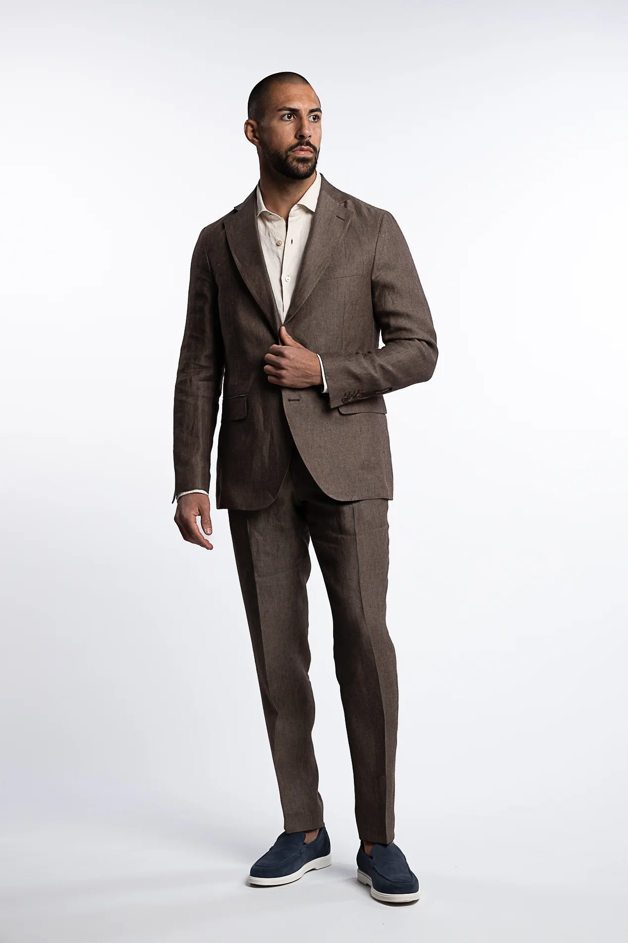 Denz Slim Fit Linen Trousers Dusk Brown - Image 6