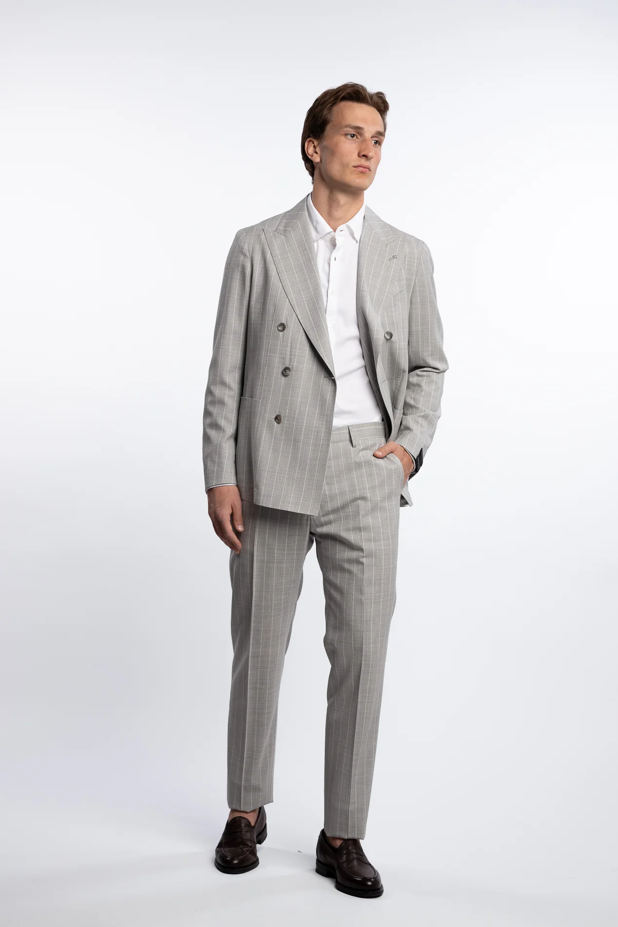 Double Breasted Wool/Silk Regular Fit Suit Grey Pinstripe - Image 3