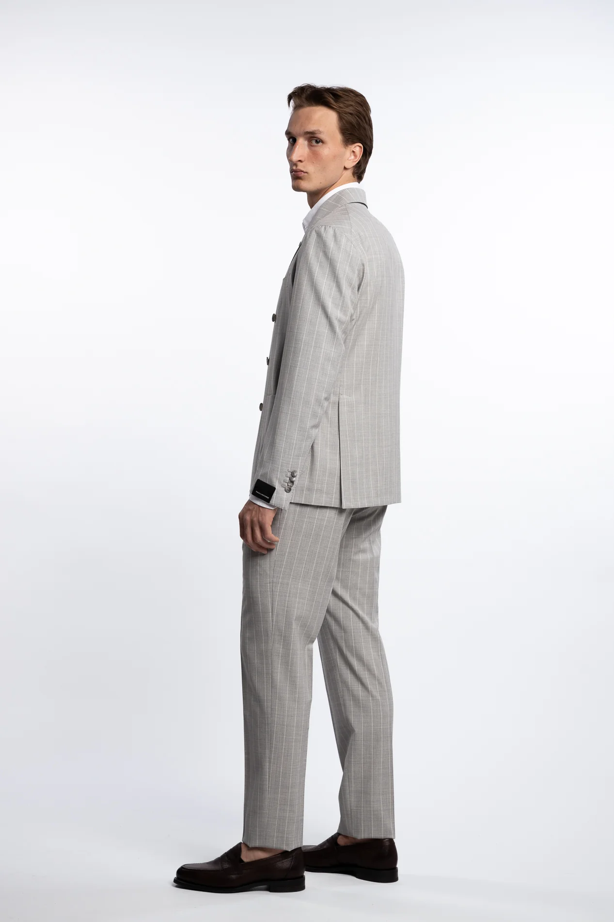 Double Breasted Wool/Silk Regular Fit Suit Grey Pinstripe - Image 4