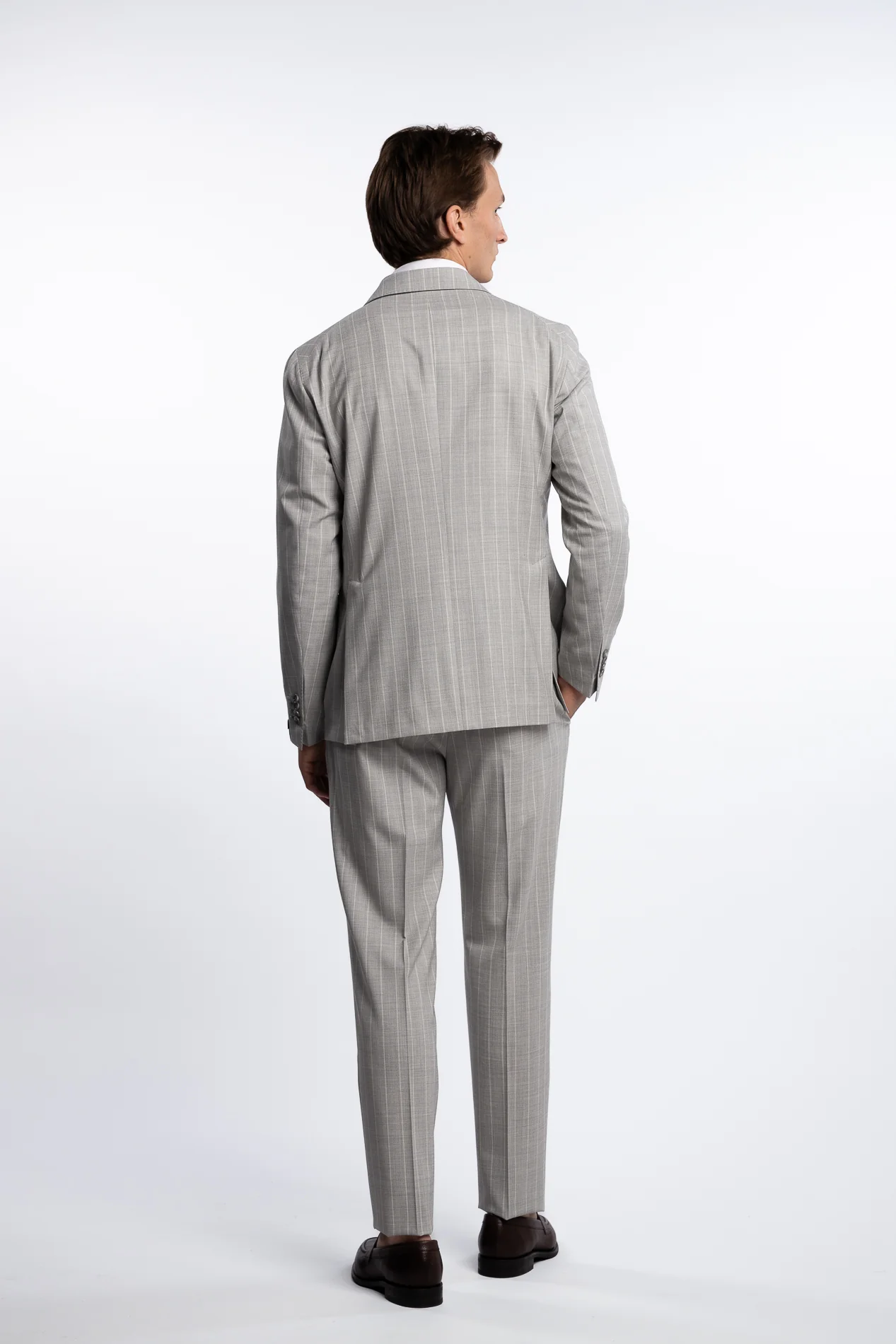 Double Breasted Wool/Silk Regular Fit Suit Grey Pinstripe - Image 5