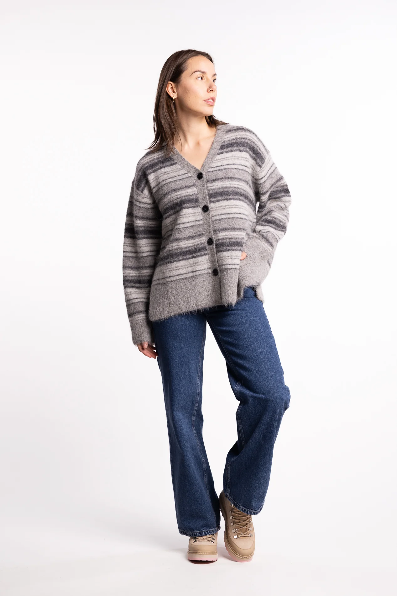Fluffy Stripe Cardigan - Grey Stripe - Image 5