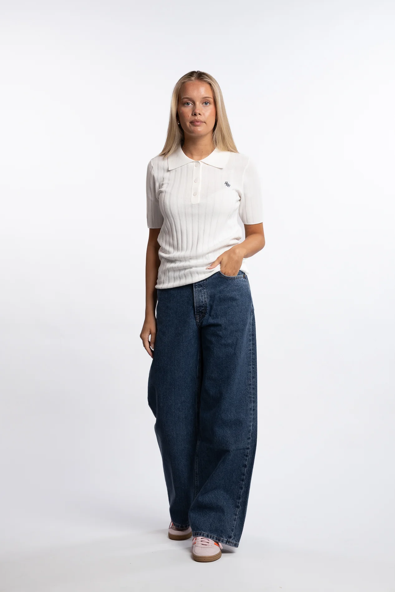 SRC Ribbed Polo- Ecru/Navy - Image 2
