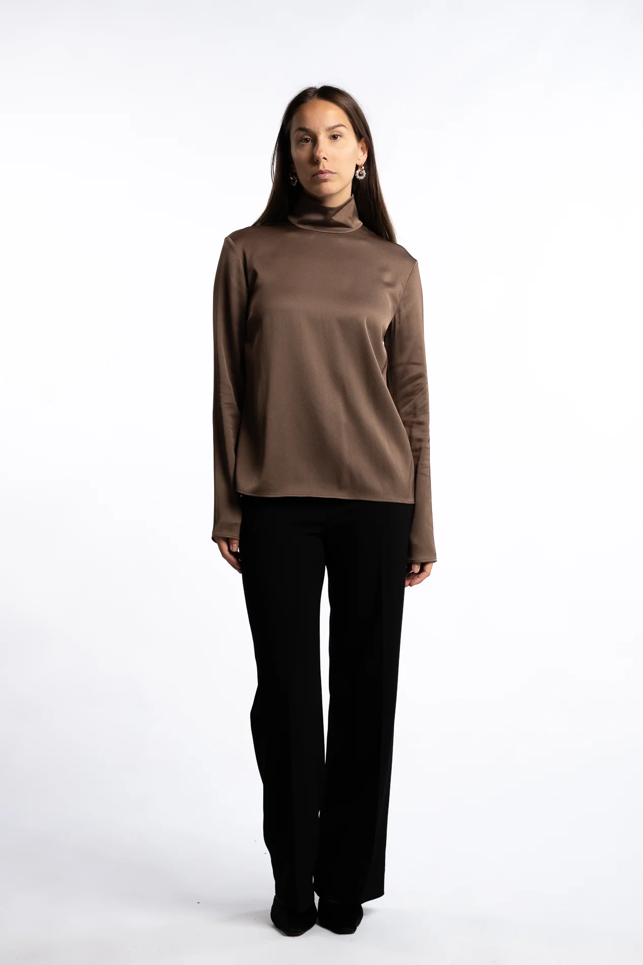 Turtleneck Satin Blouse- Oak Brown - Image 6