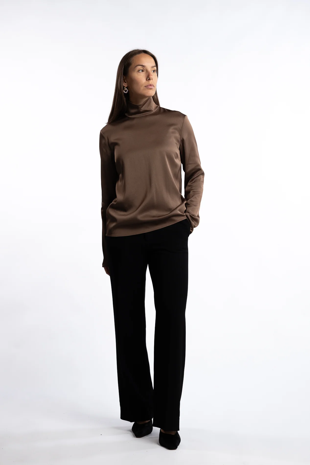 Turtleneck Satin Blouse- Oak Brown - Image 7