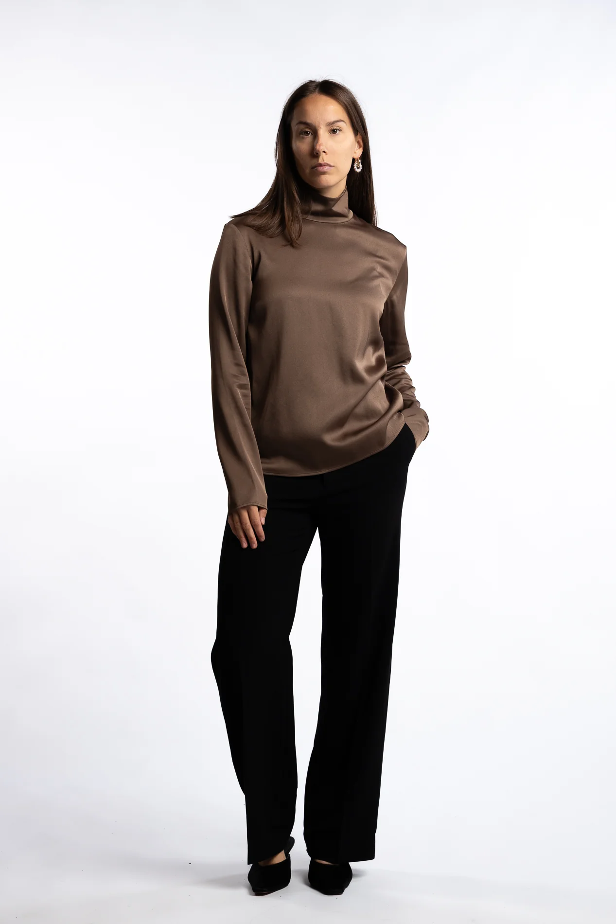 Turtleneck Satin Blouse- Oak Brown - Image 8