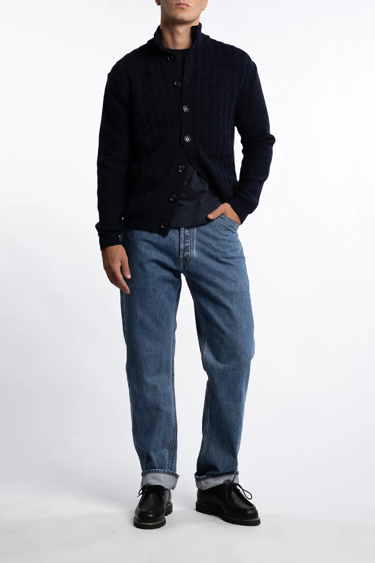 Cableknit Wool Cardigan Navy - Image 4
