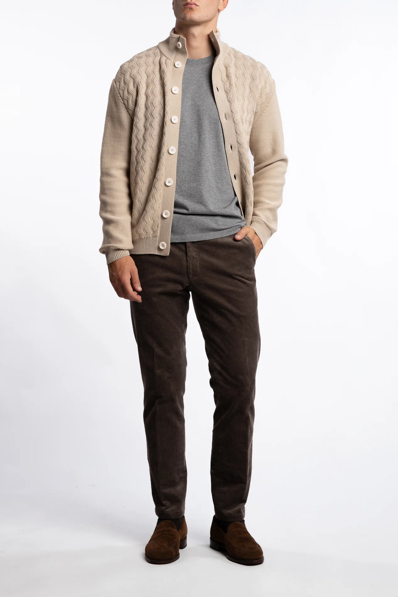 Cableknit Wool Cardigan Beige - Image 5