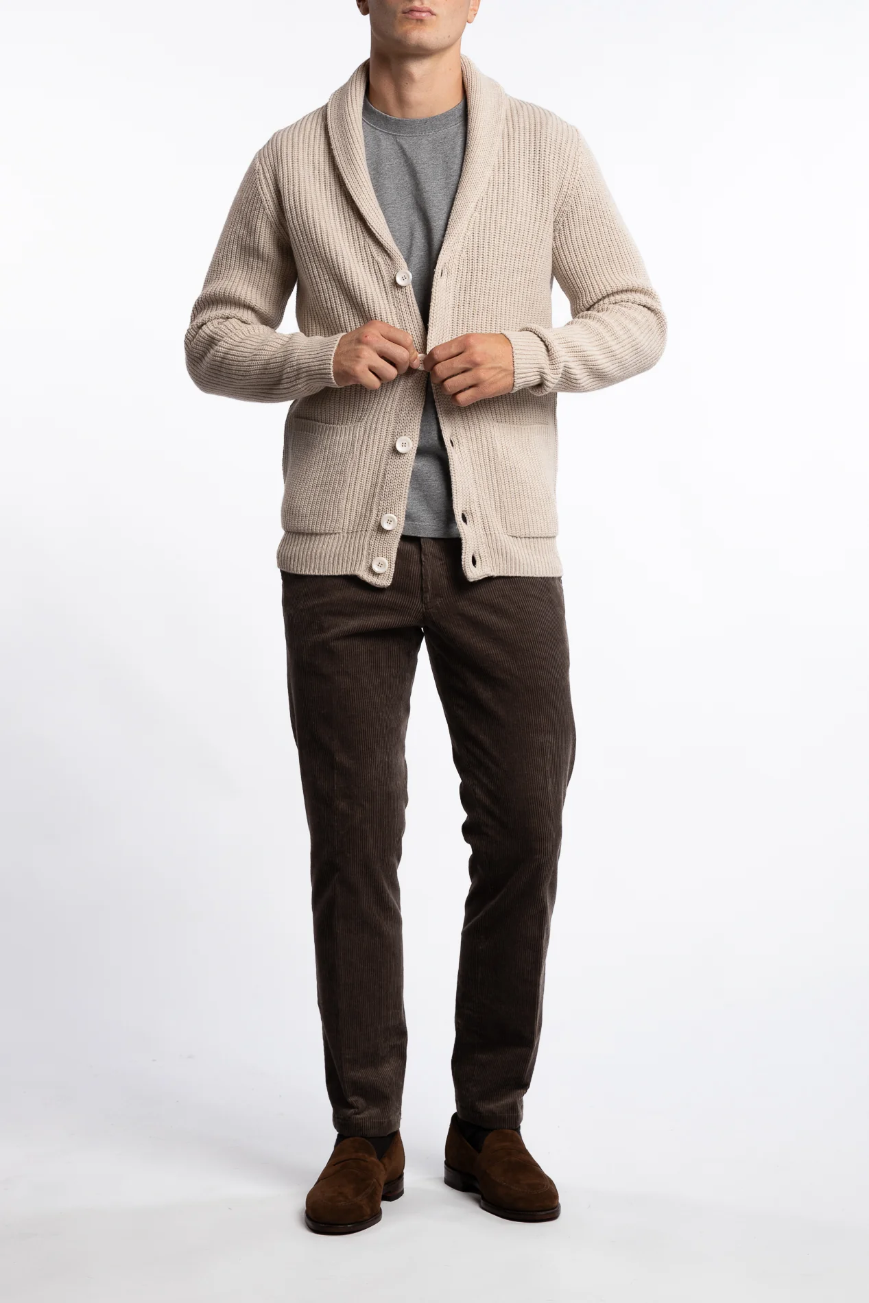 Shawl Collar Wool Cardigan Beige - Image 4