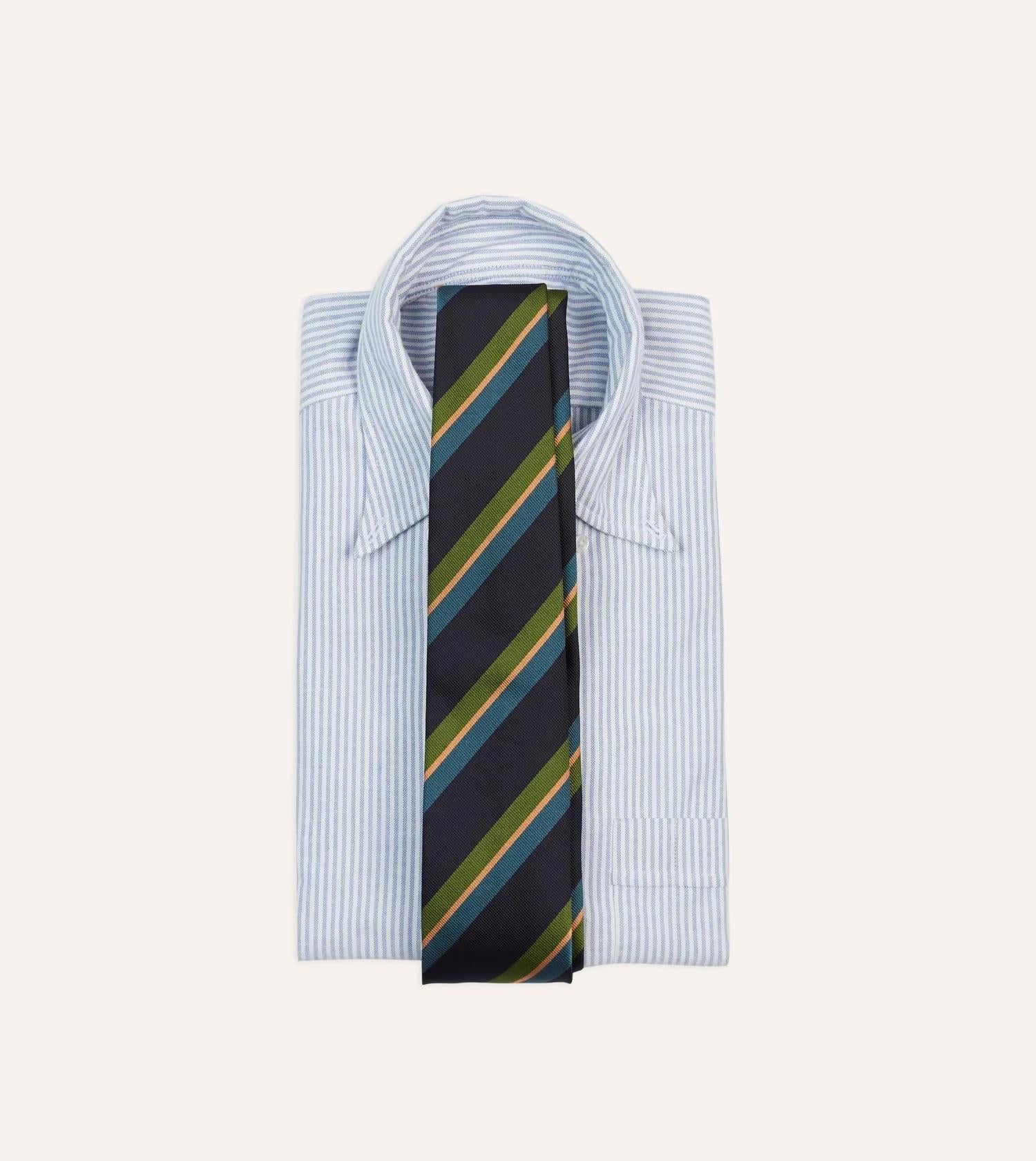 Sandwich Stripe Reppe Silk Tie Navy, Green & Blue - Image 2