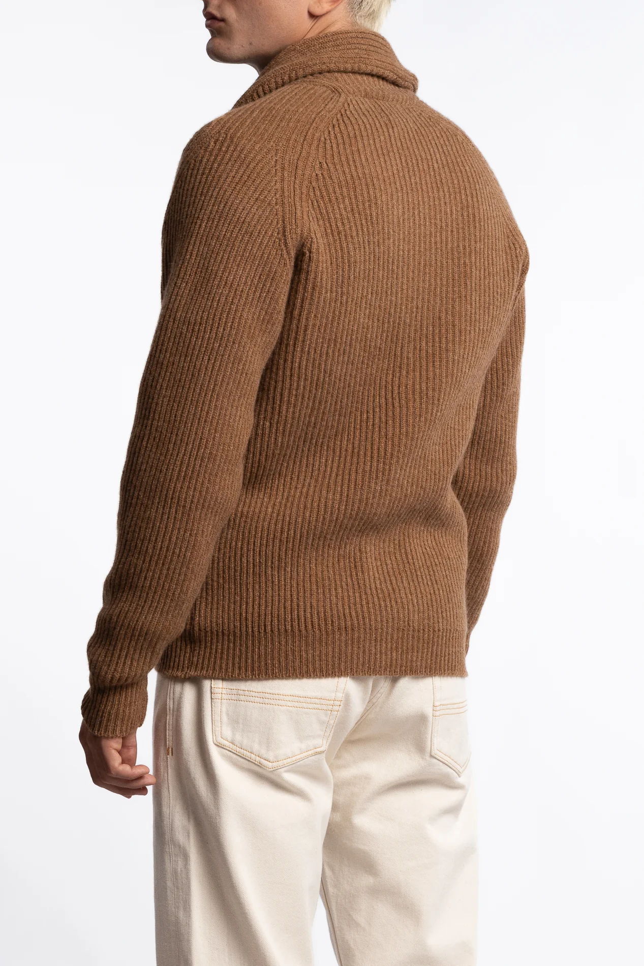 Lambswool Shawl Collar Rib Cardigan Camel - Image 2