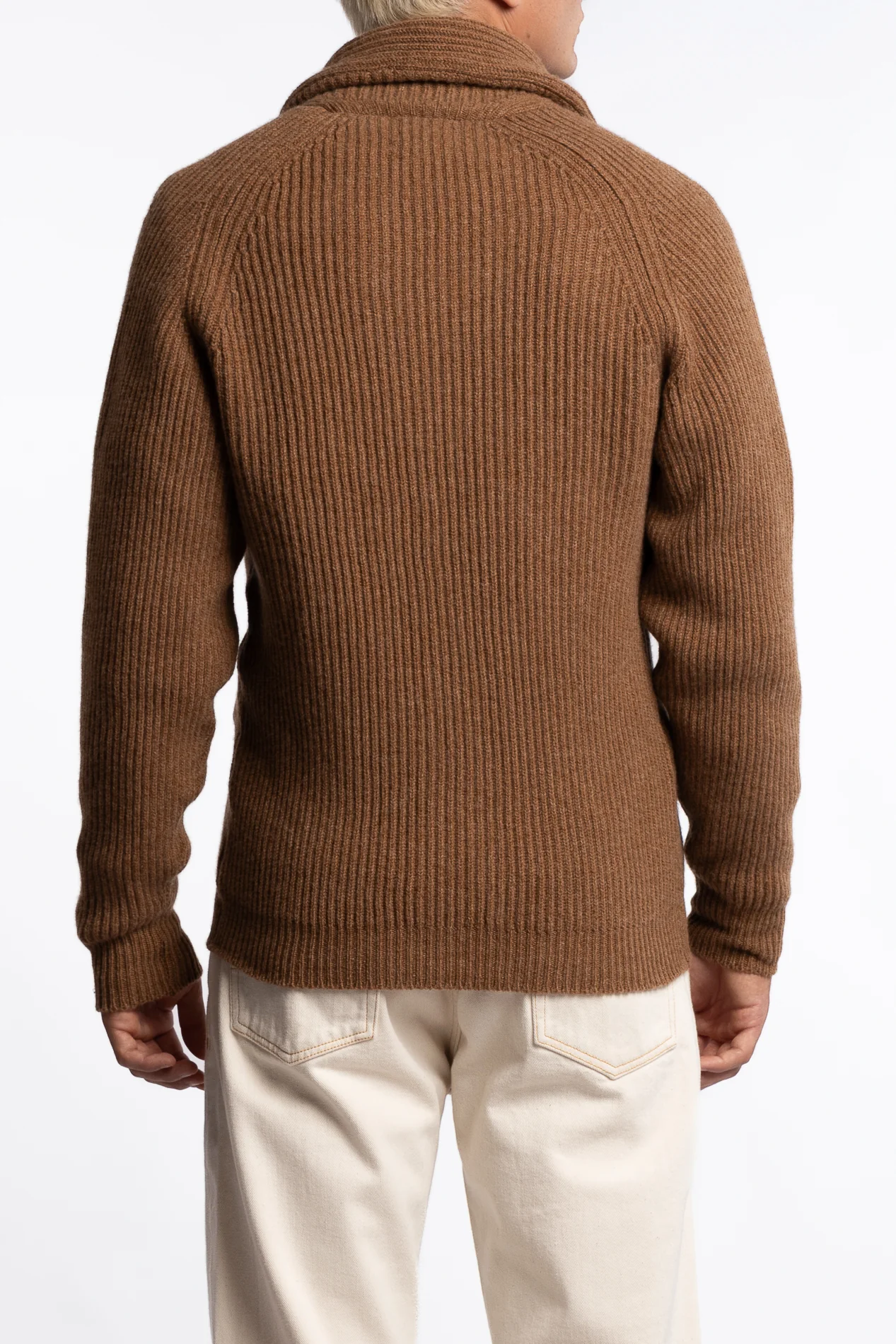 Lambswool Shawl Collar Rib Cardigan Camel - Image 3