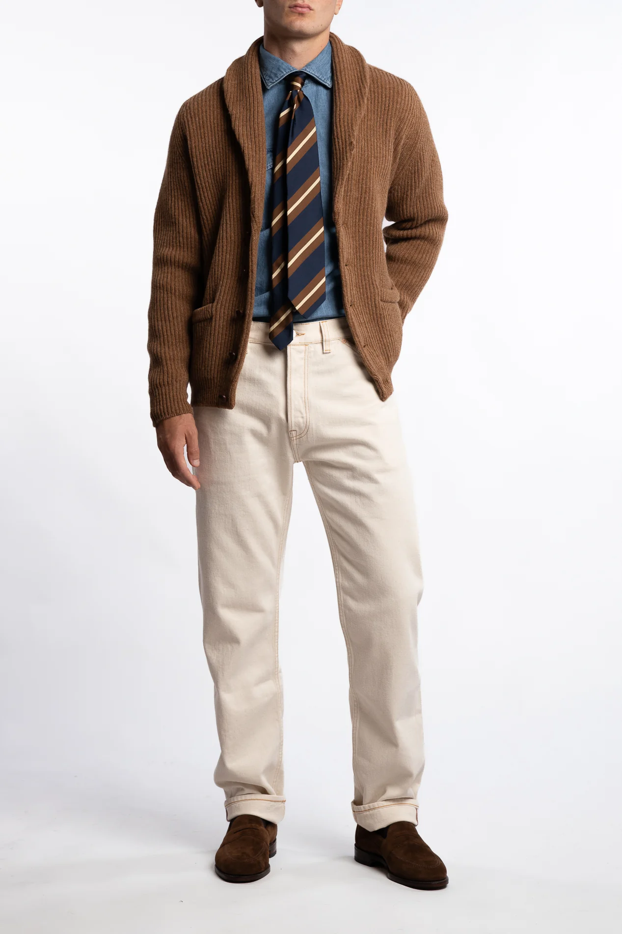 Lambswool Shawl Collar Rib Cardigan Camel - Image 4