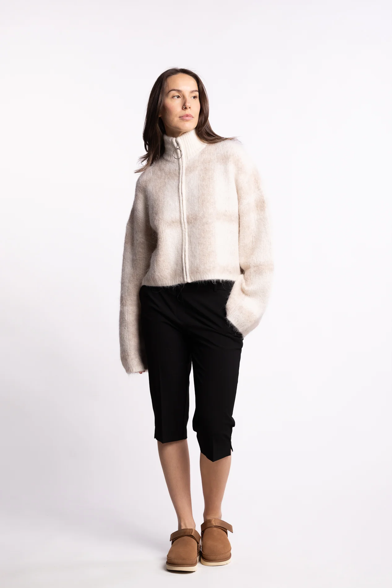 Tine Light Check Cardigan- Lt Brown Mix - Image 7