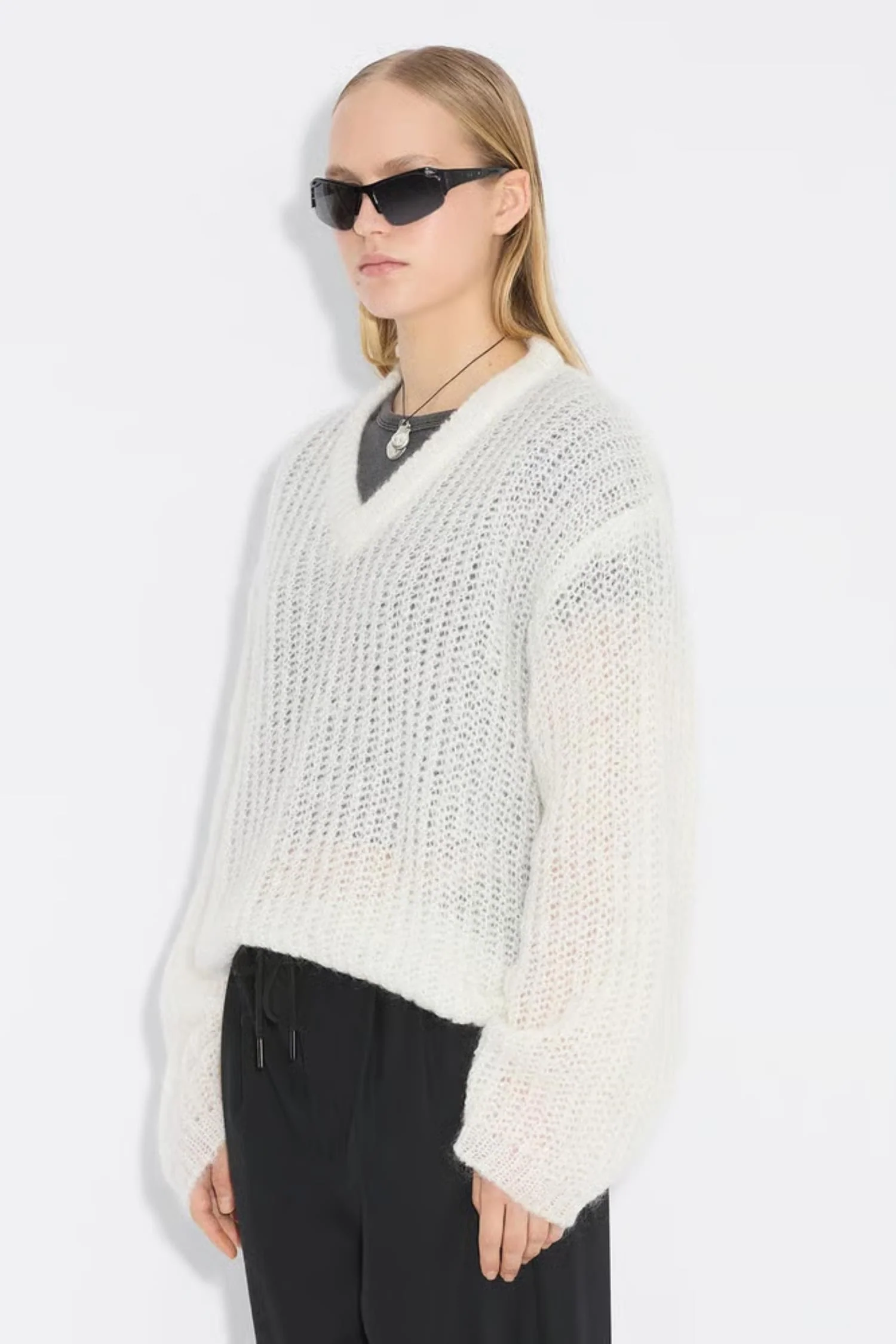 Boxy Mohair V Neck - Ecru - Image 4