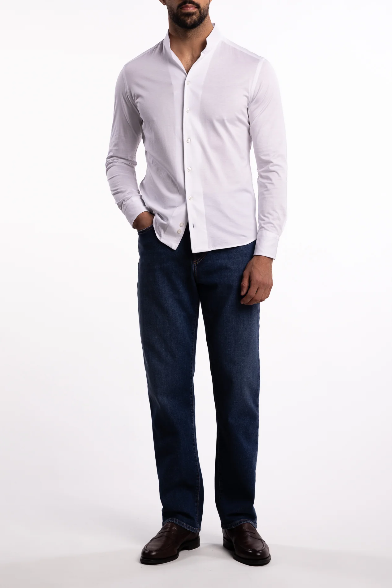 No Collar Cotton Shirt White - Image 4
