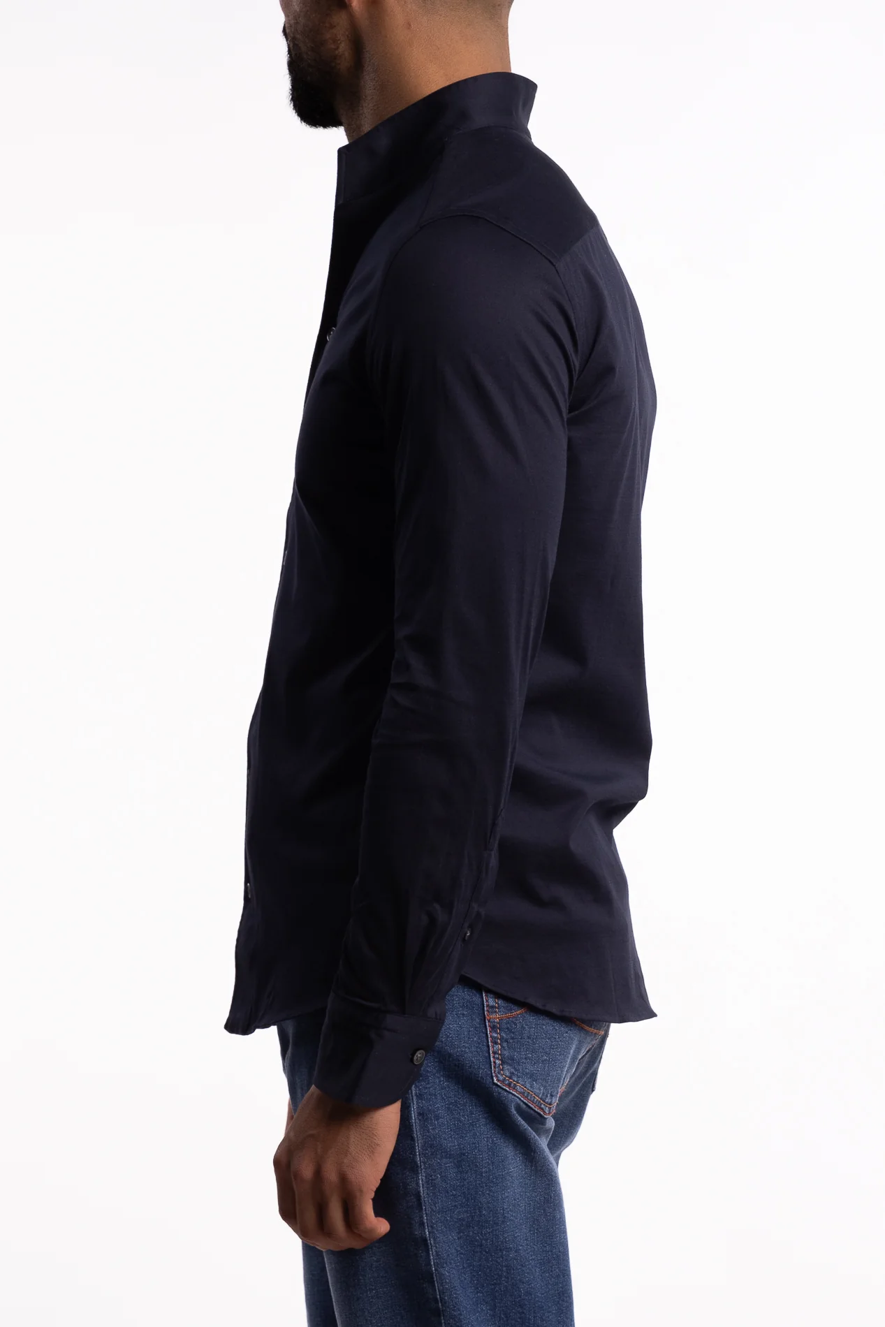 No Collar Cotton Shirt Navy - Image 2