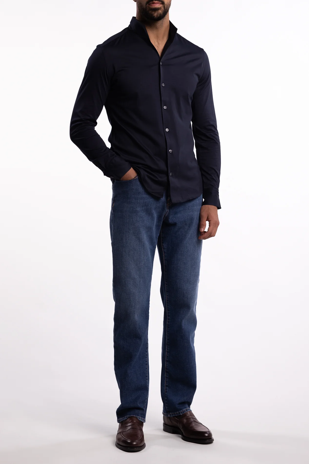 No Collar Cotton Shirt Navy - Image 4