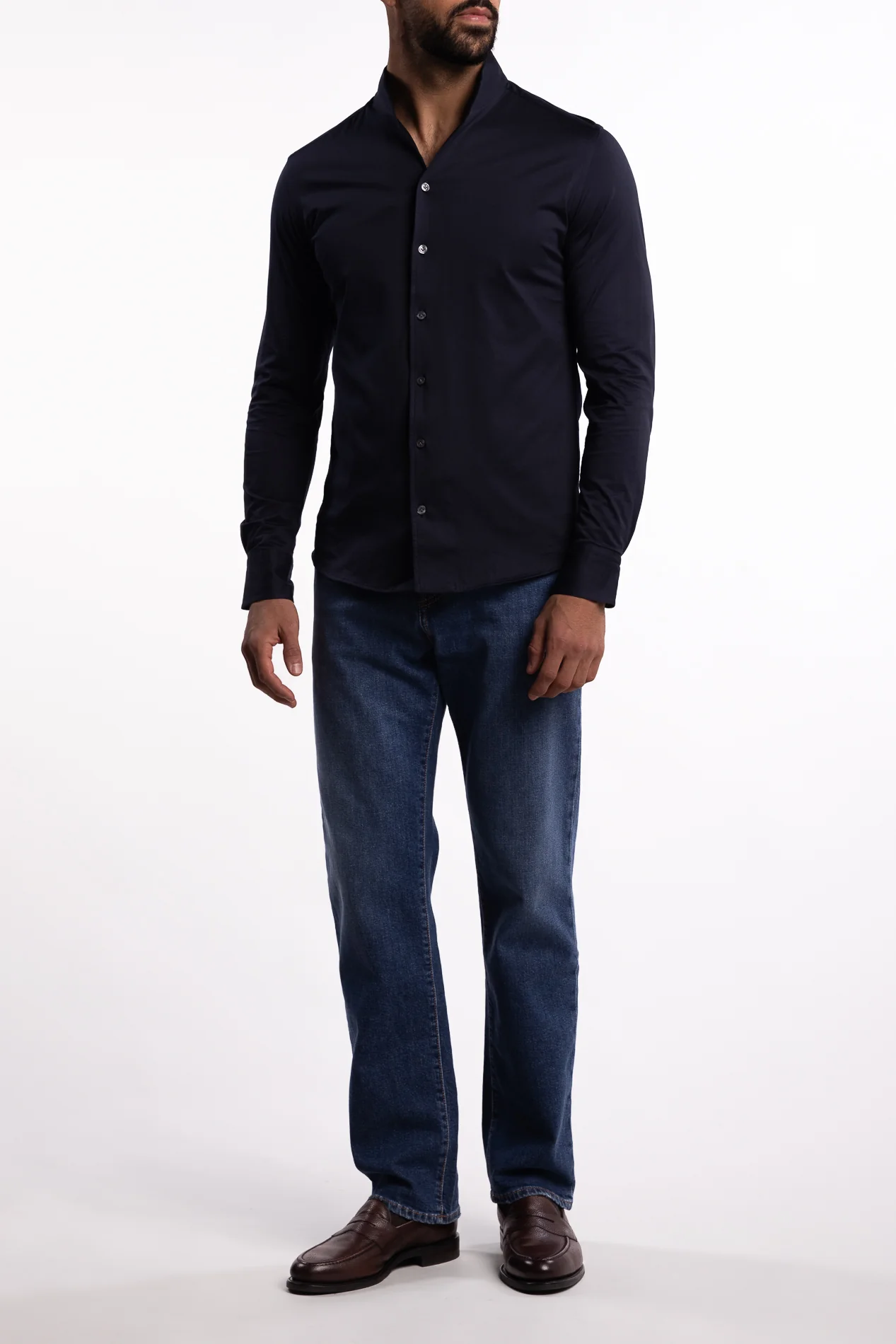 No Collar Cotton Shirt Navy - Image 5