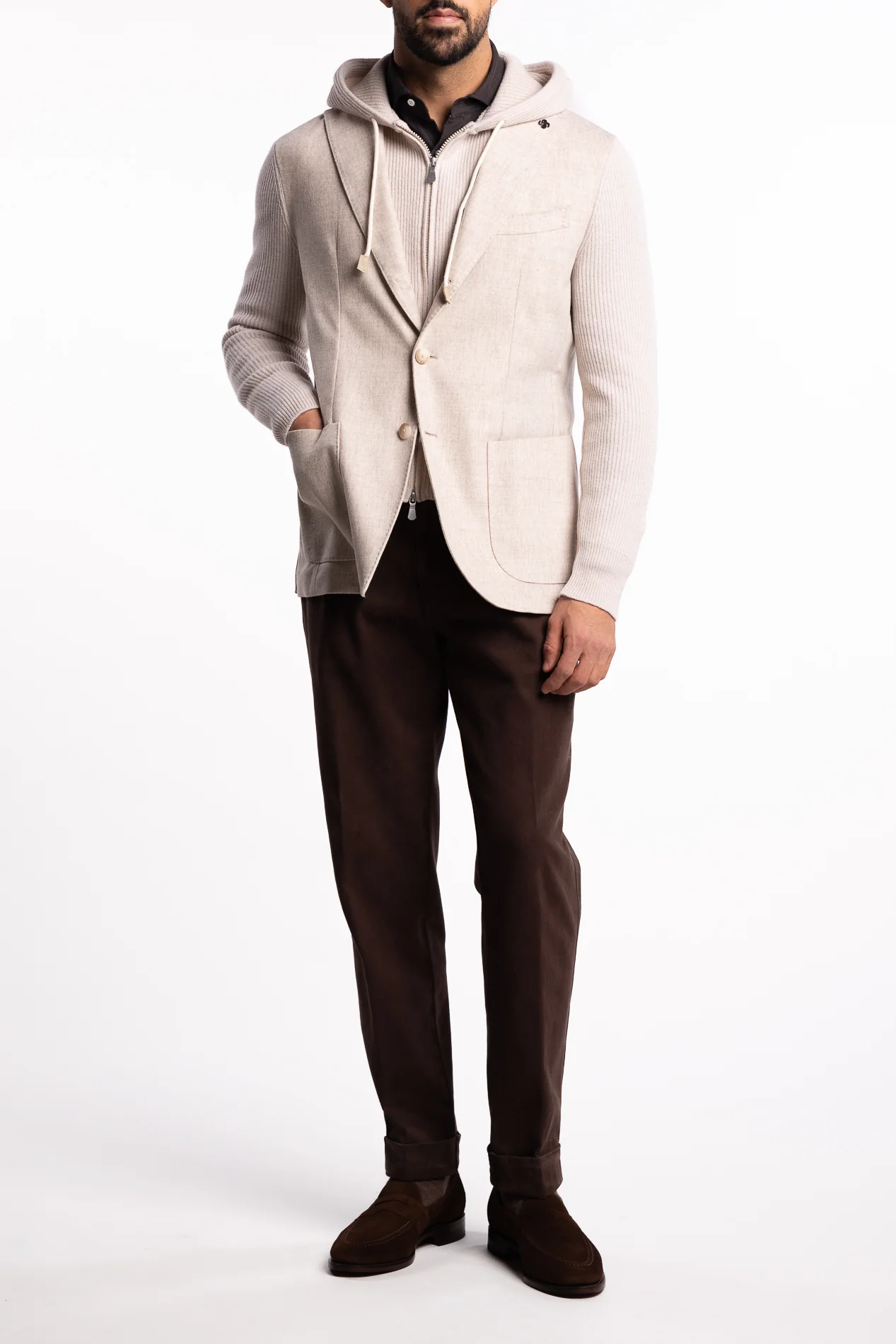 Knitted Hooded Wool Blazer Beige - Image 4