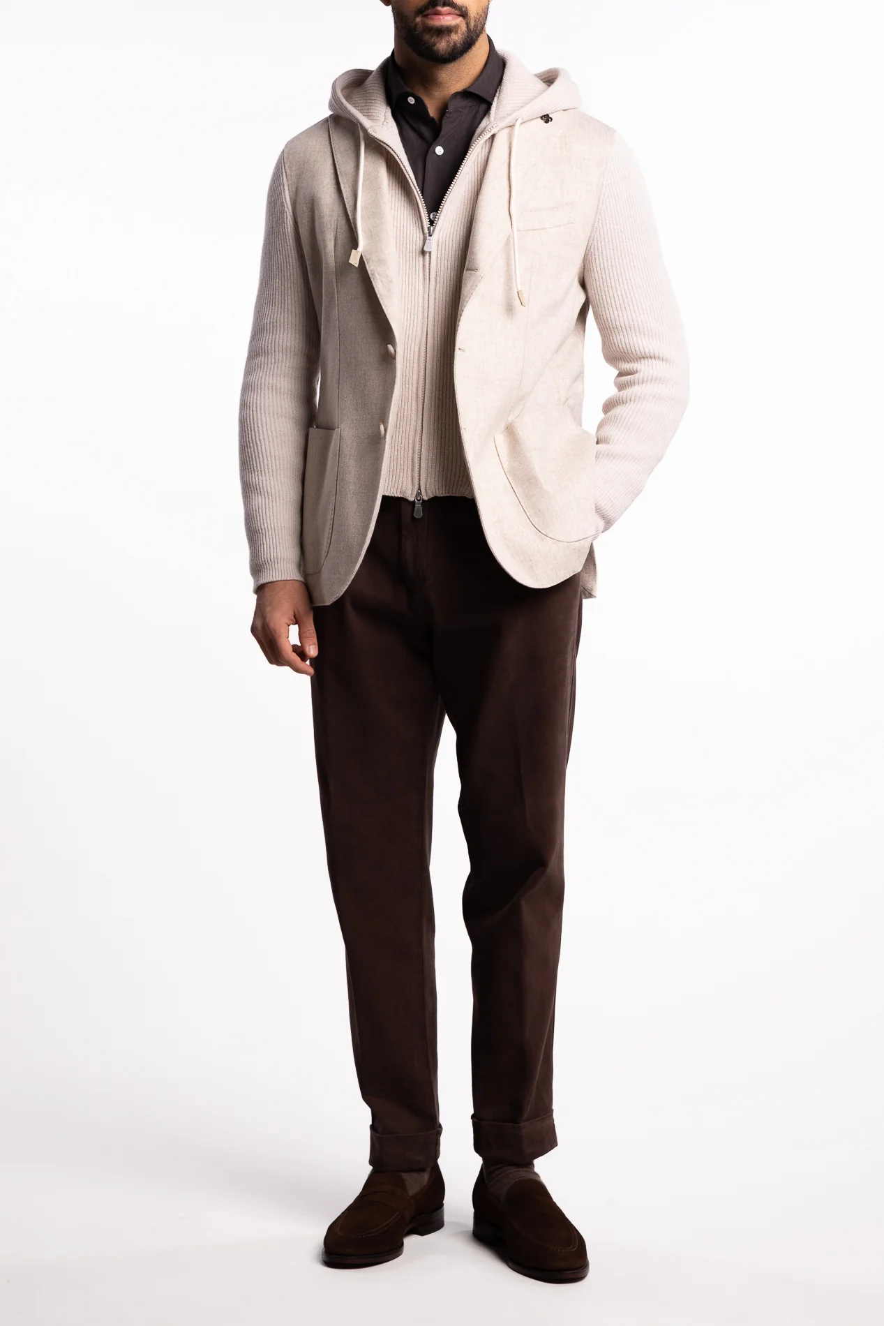 Knitted Hooded Wool Blazer Beige - Image 5