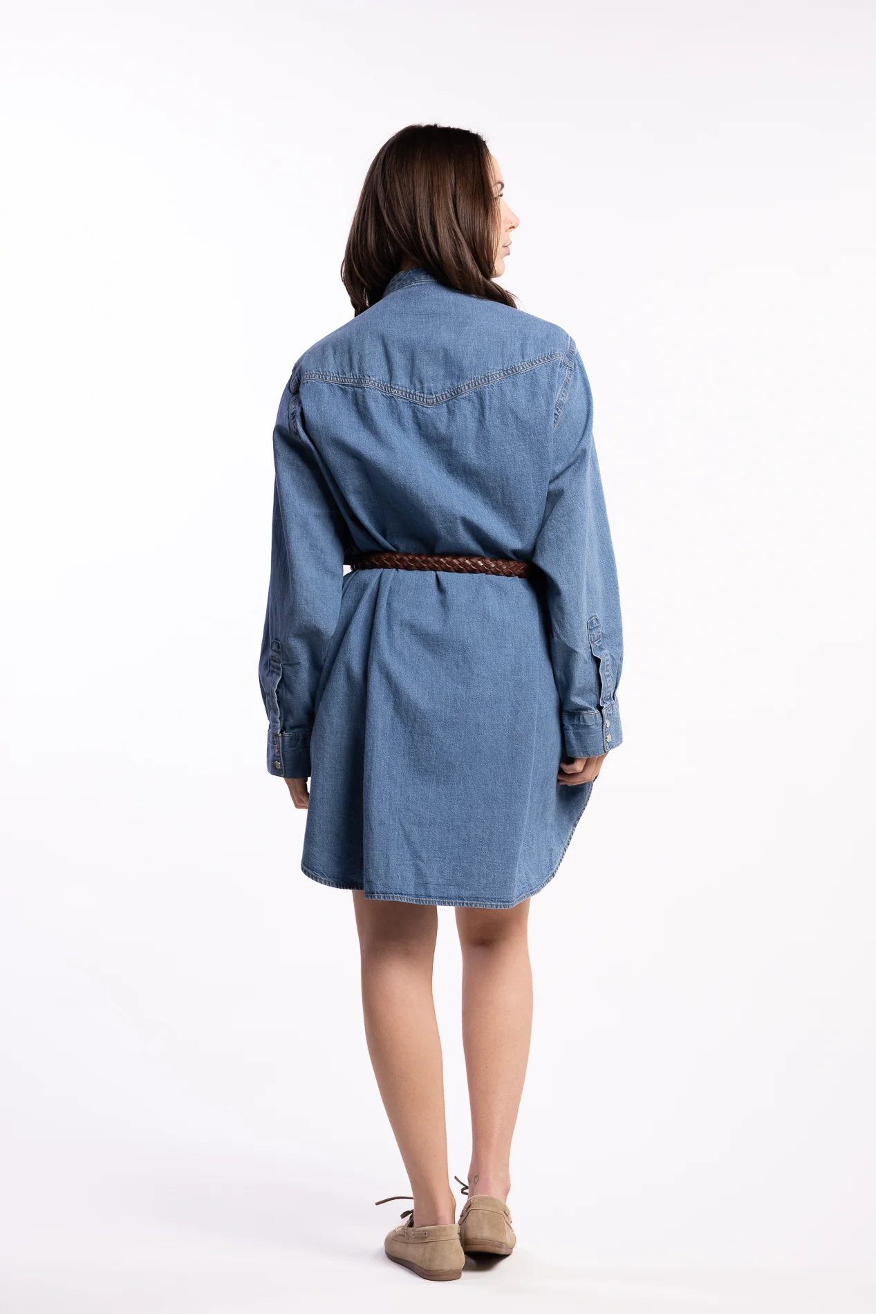 Western Denim Shirt Dress- Washed Mid Blue - Image 3