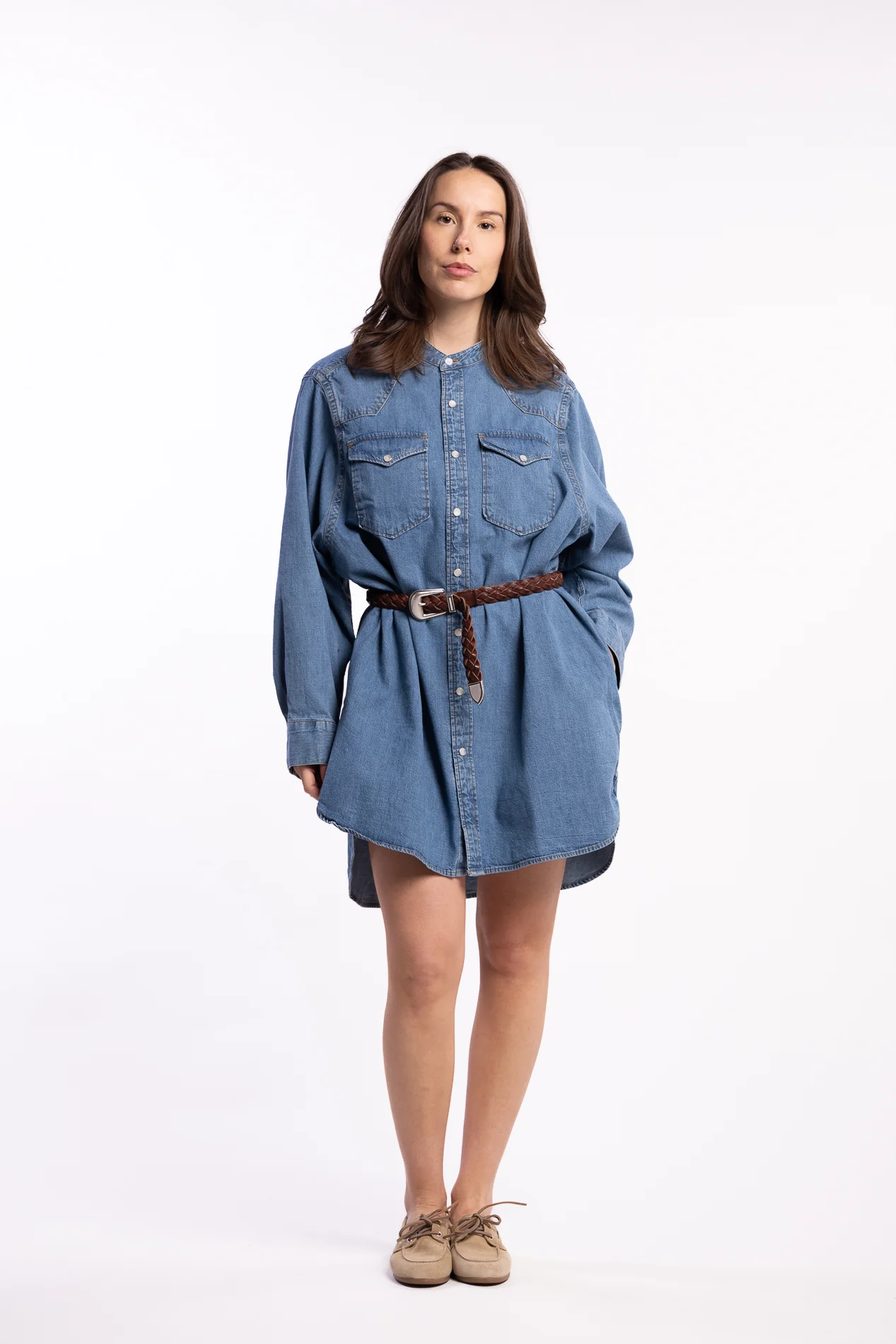 Western Denim Shirt Dress- Washed Mid Blue - Image 4