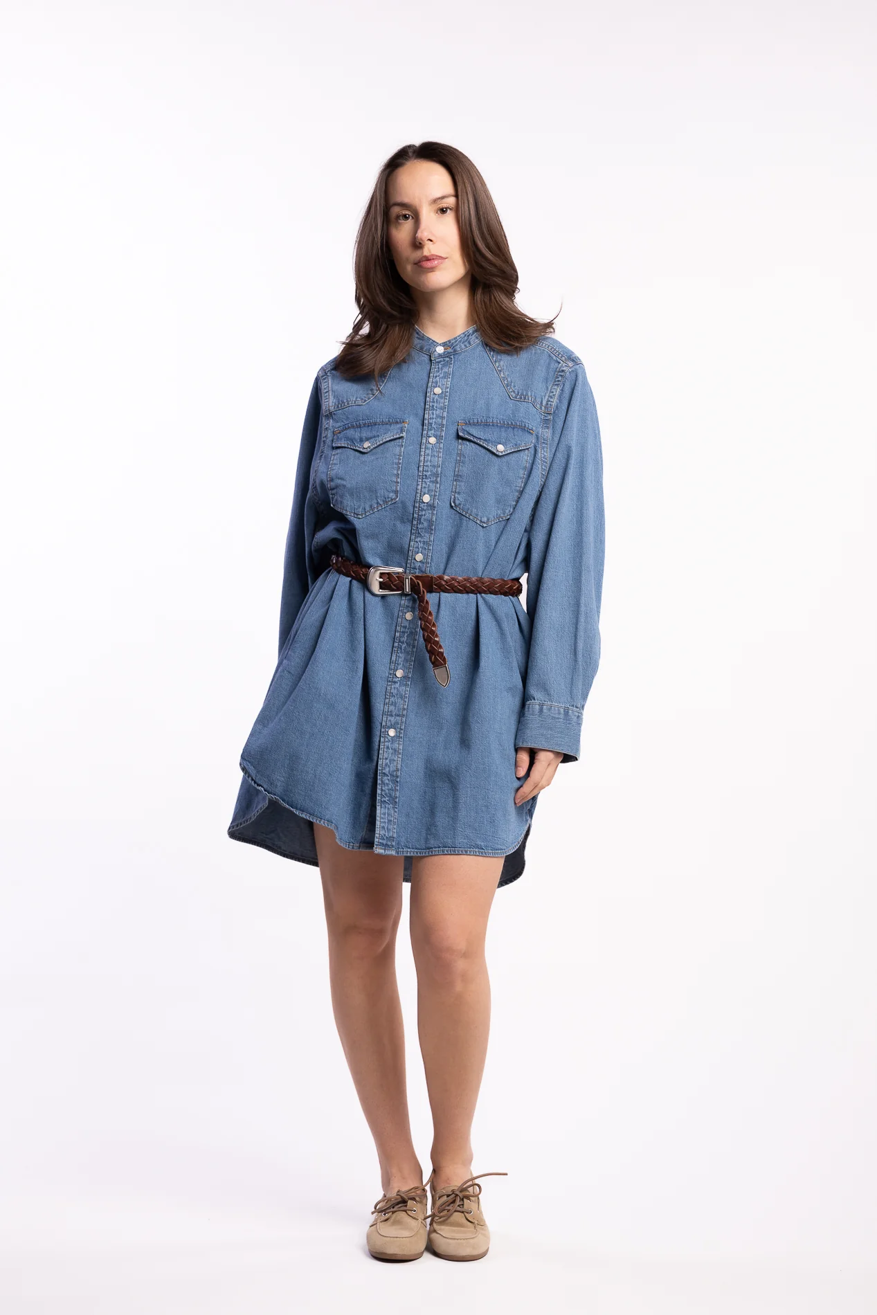 Western Denim Shirt Dress- Washed Mid Blue - Image 5