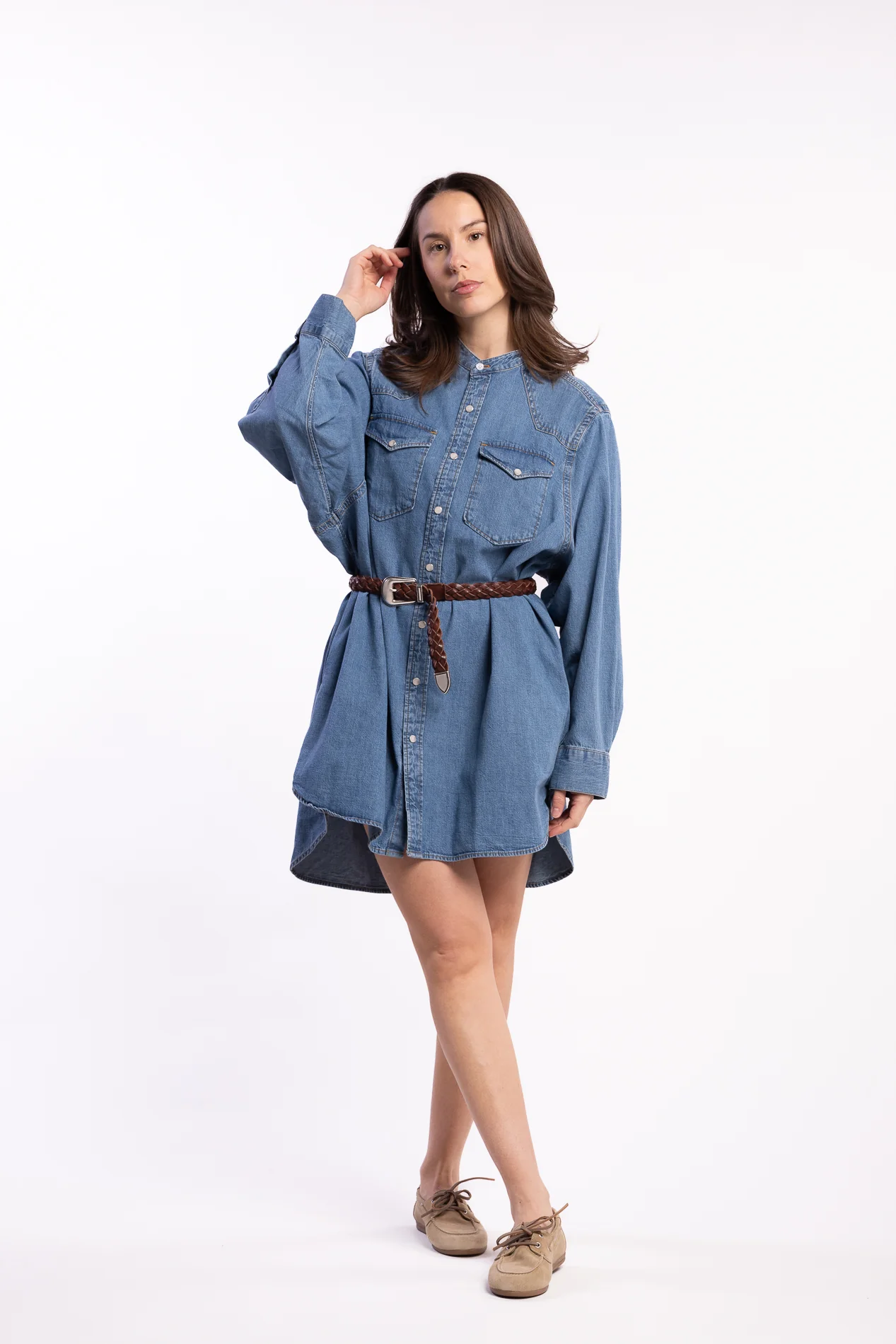 Western Denim Shirt Dress- Washed Mid Blue - Image 6