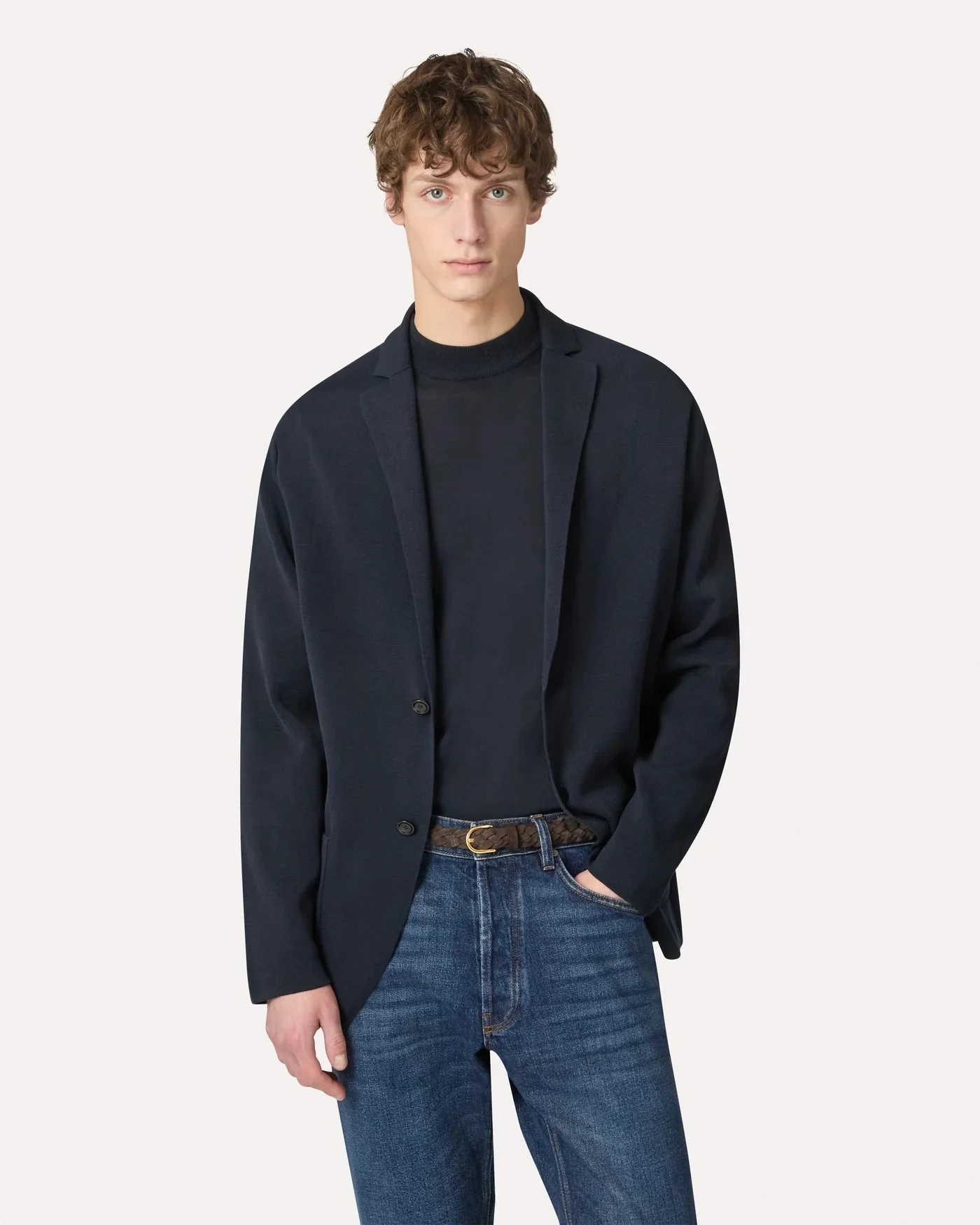Single-Breasted Knit Jacket Blue - Image 3