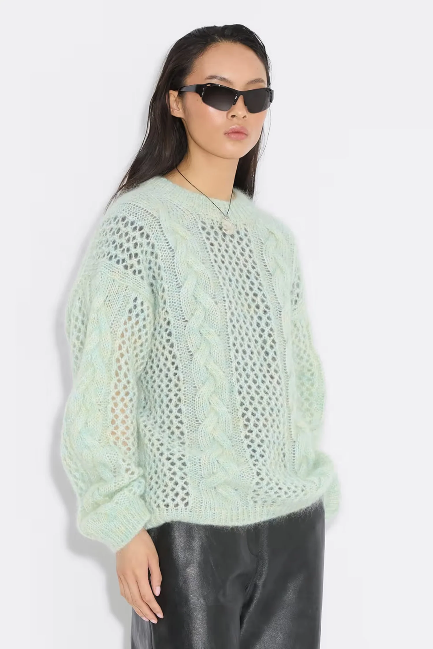 Mohair Cable Knit Crew - Green Mix - Image 5