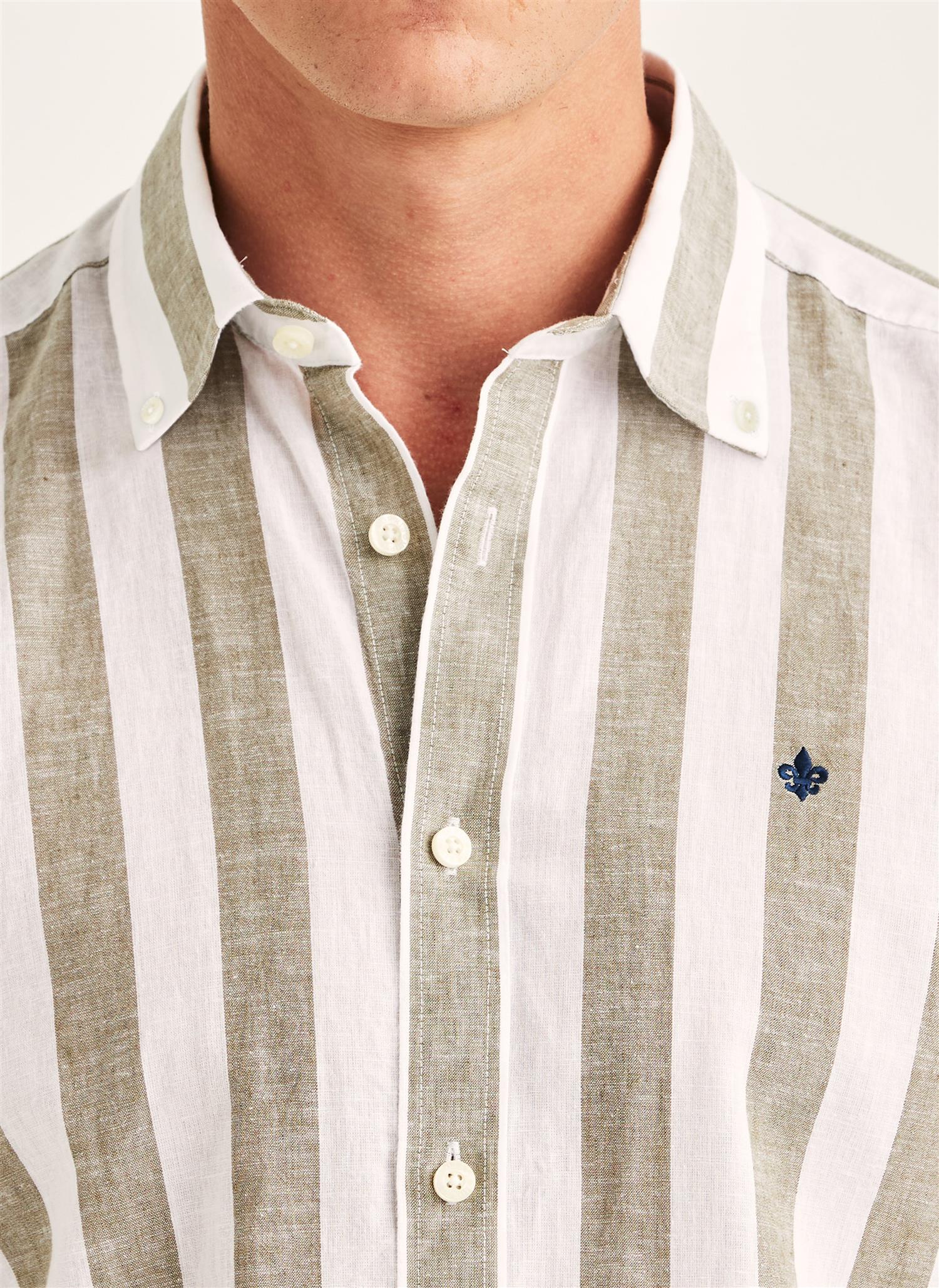 Douglas Classic Fit Linen Shirt Mix Stripe Olive - Image 4