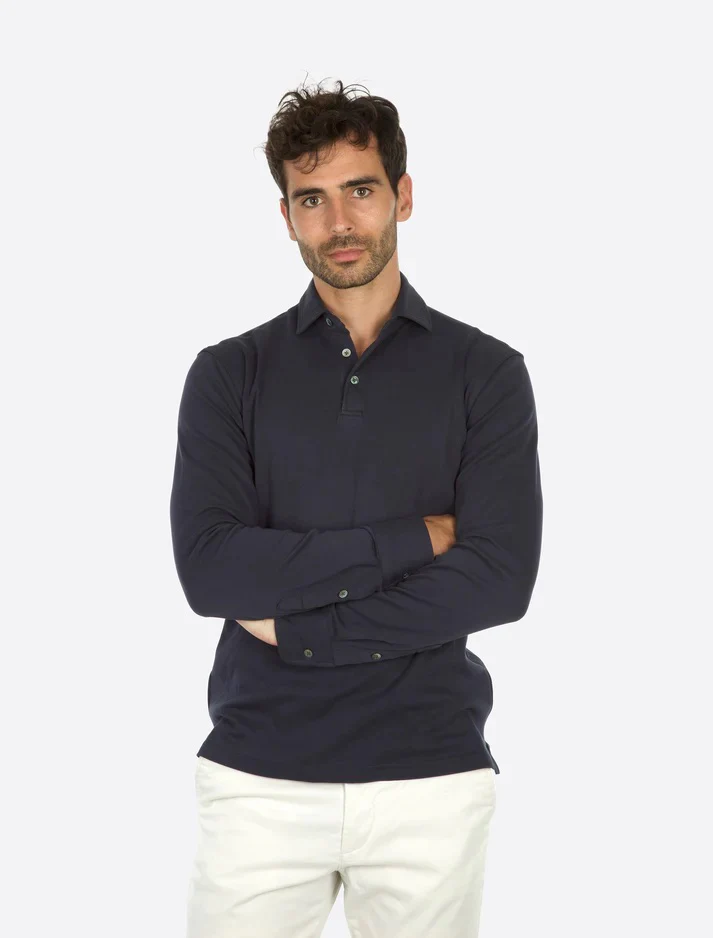 Theo Jersey Cotton Long Sleeve Polo Navy - Image 2