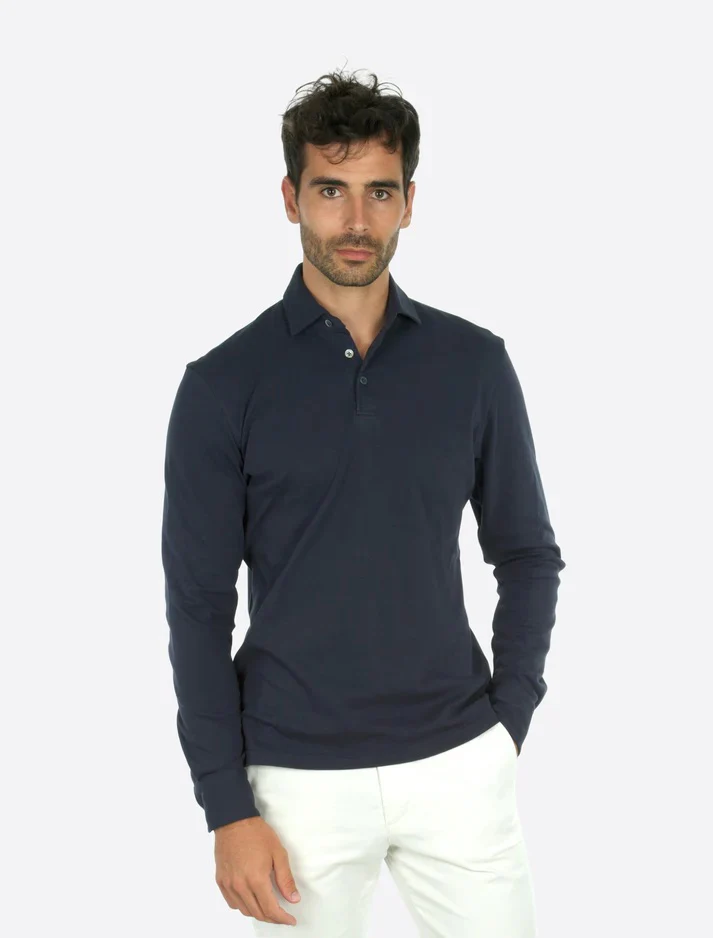 Theo Jersey Cotton Long Sleeve Polo Navy - Image 3