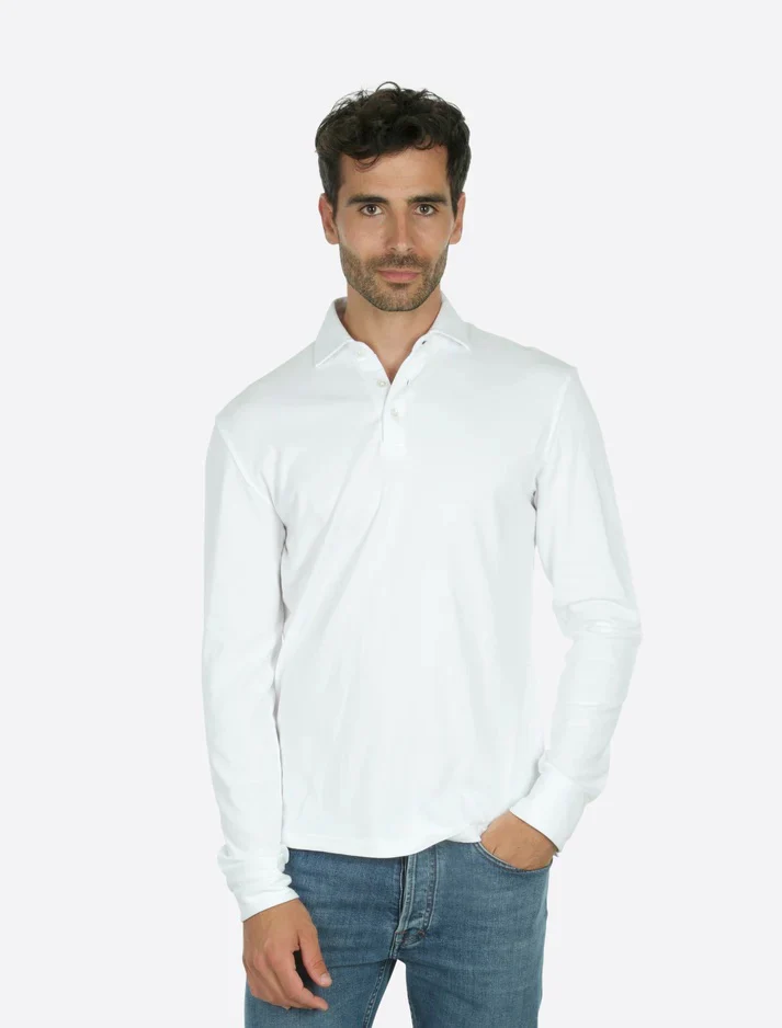 Theo Jersey Cotton Long Sleeve Polo White - Image 2