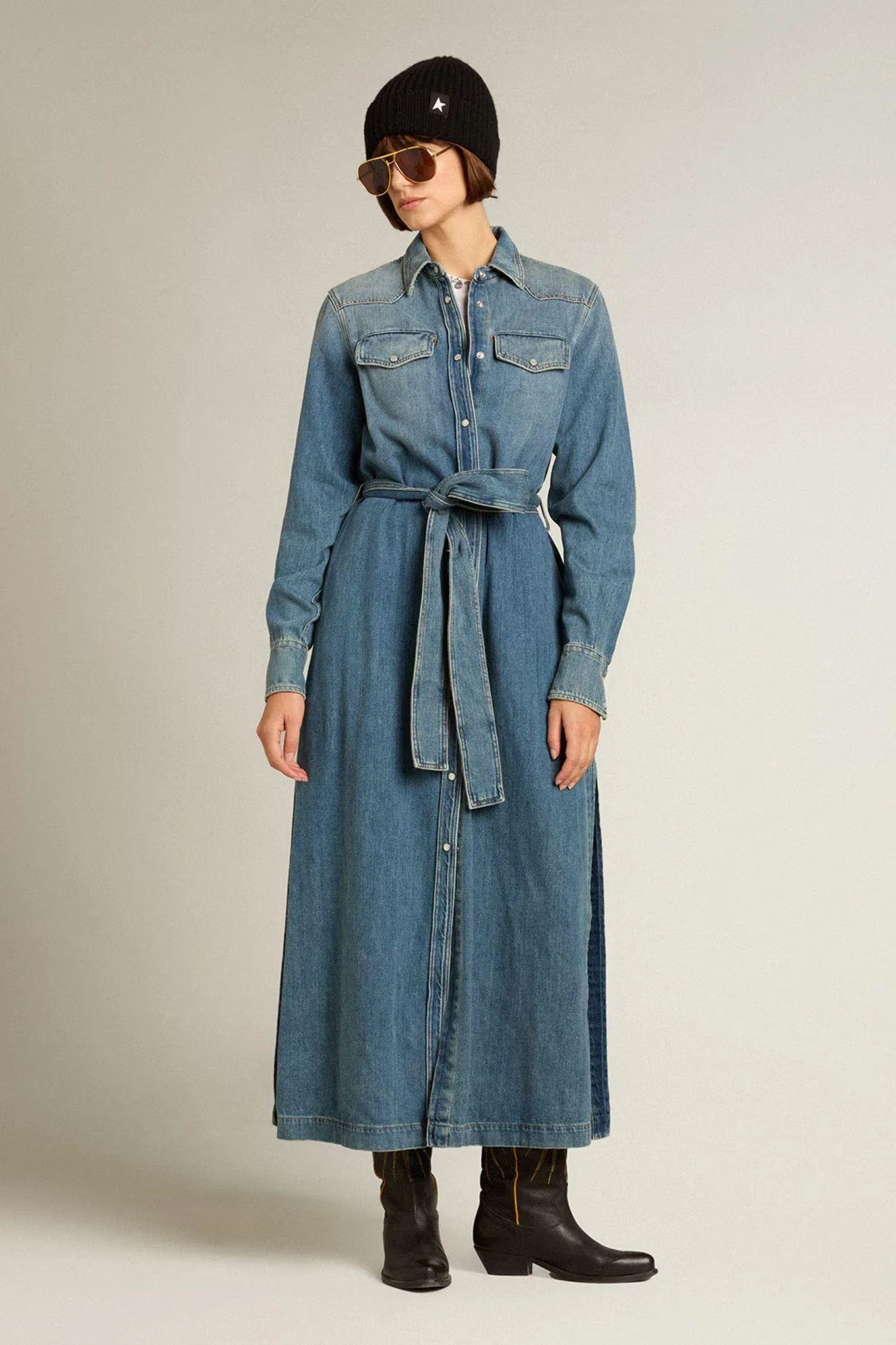 Shirt Dress With Belt- Washed Denim - Image 2