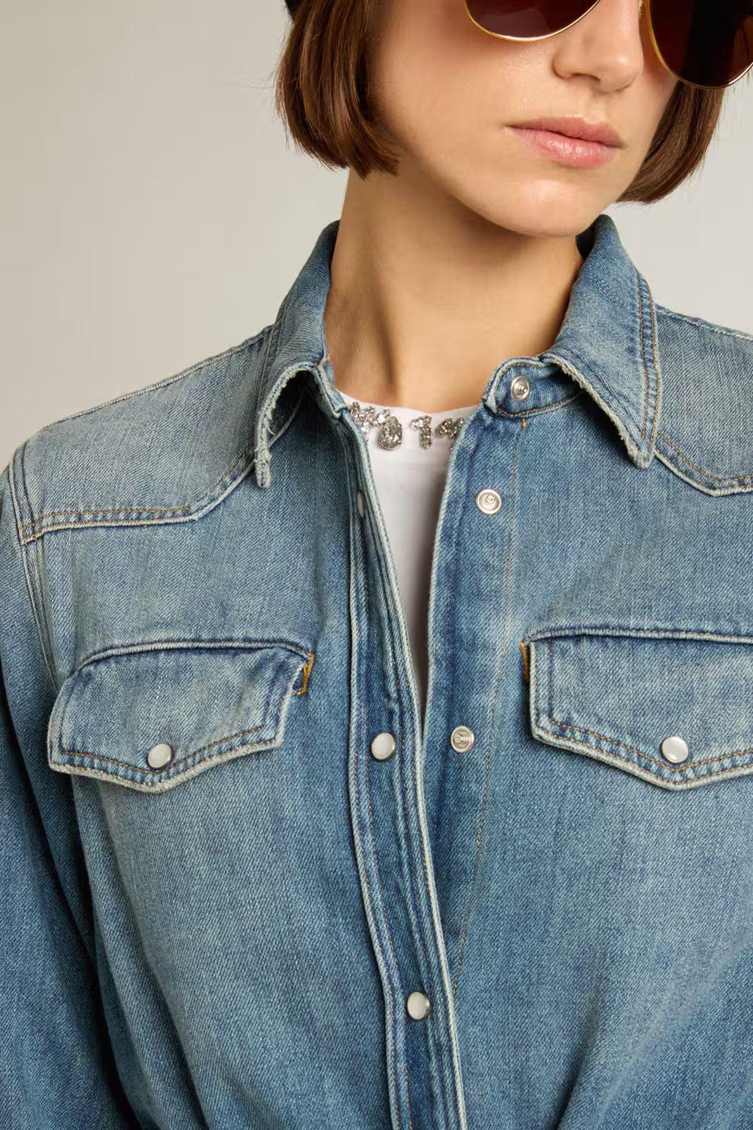 Shirt Dress With Belt- Washed Denim - Image 4