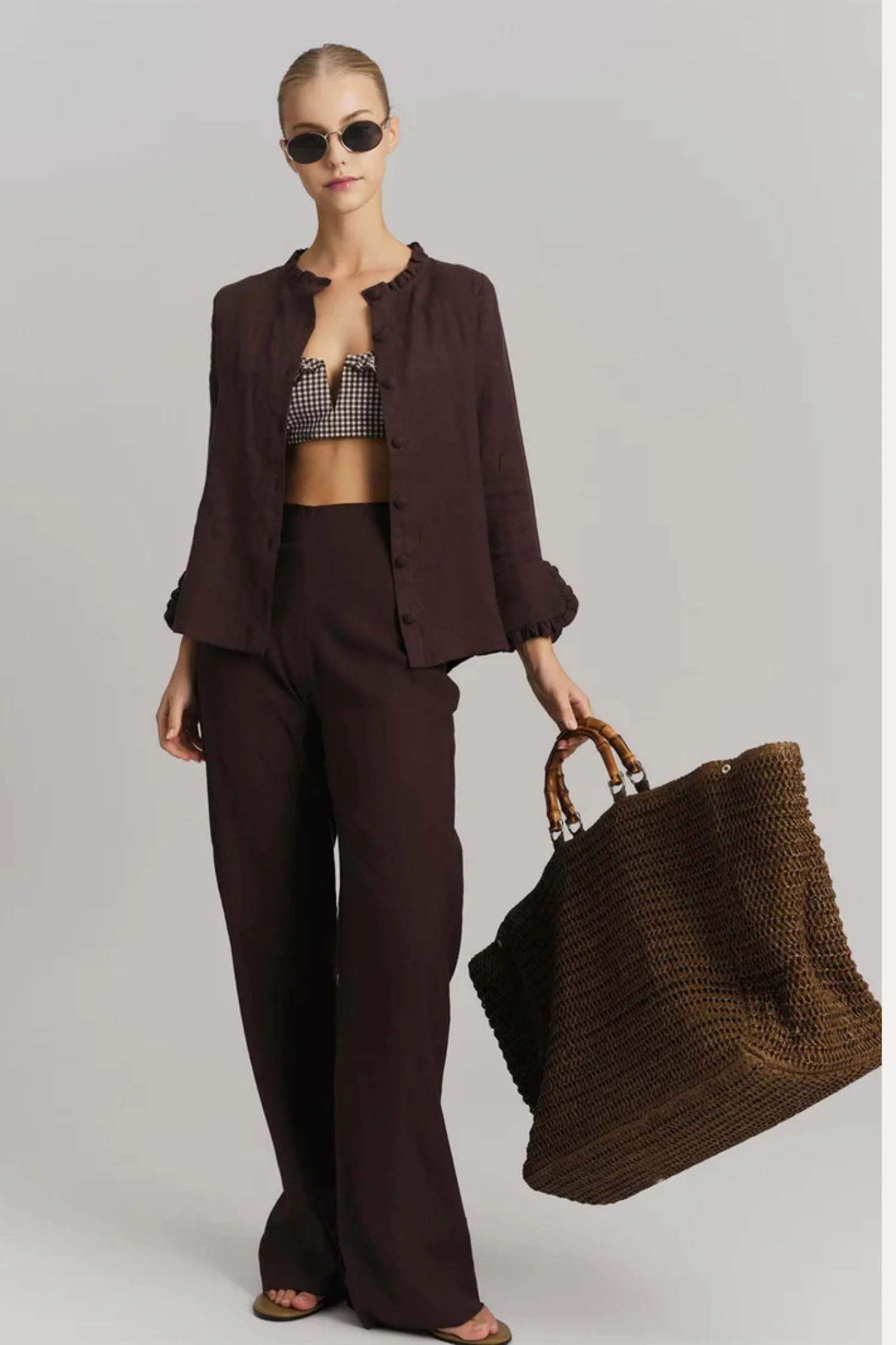 Molly Stretch Linen Pants Dark Brown - Image 2