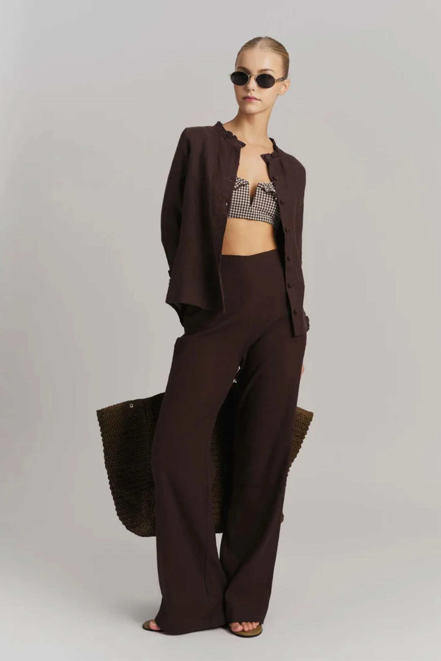 Molly Stretch Linen Pants Dark Brown - Image 3